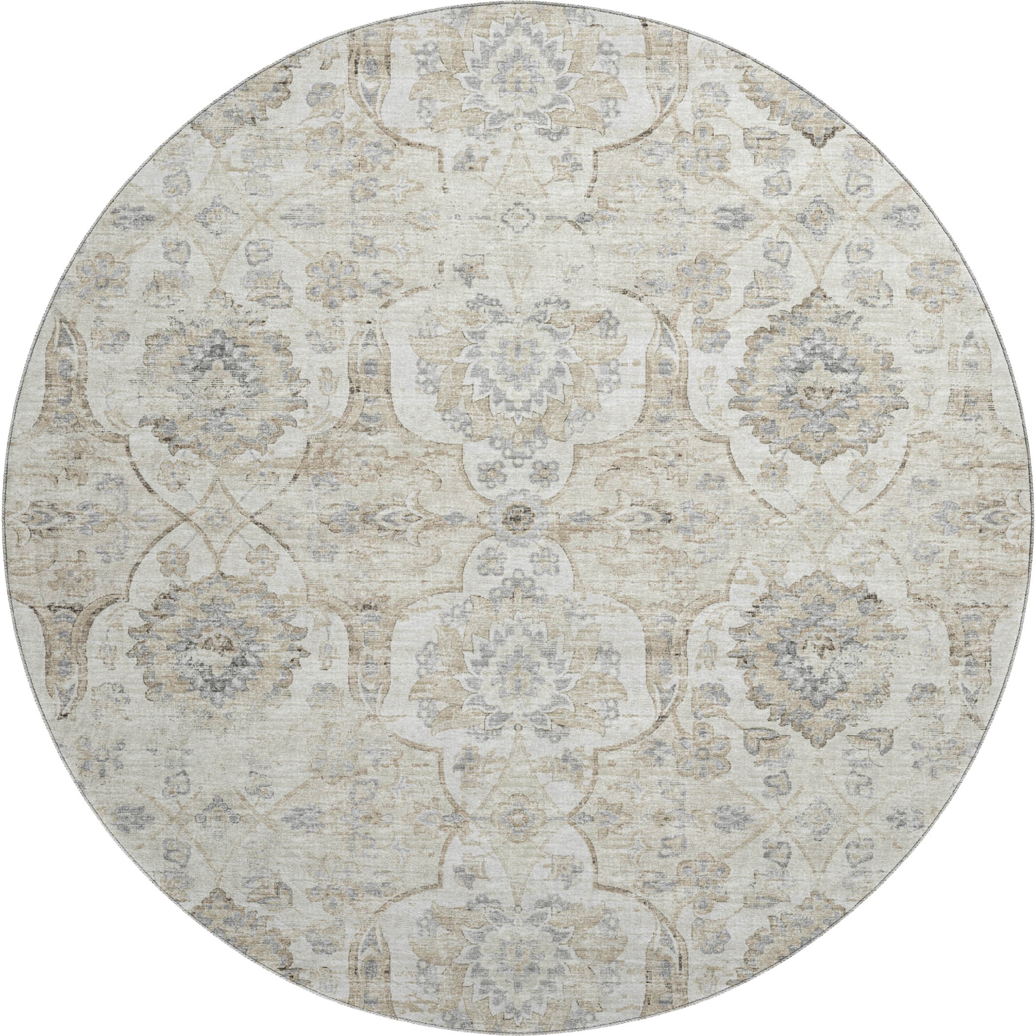 Split Machine Washable Traditional Linen Neutral Rug 8' x 8' #shape_Round