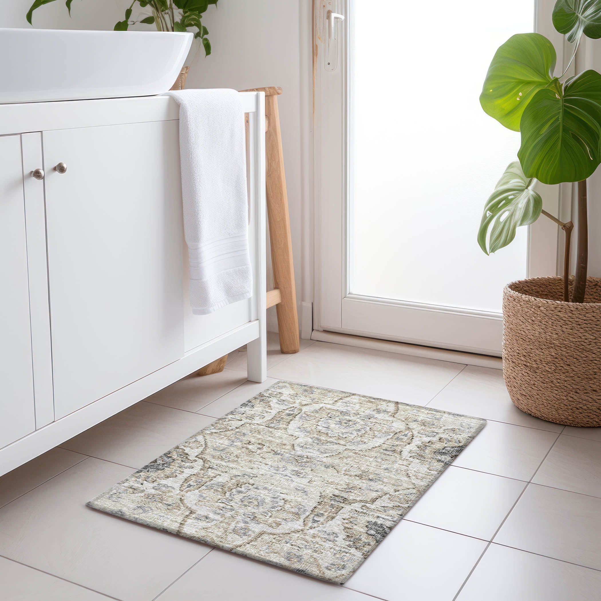Split Machine Washable Traditional Linen Neutral Rug 1'8" x 2'6" #shape_Rectangle