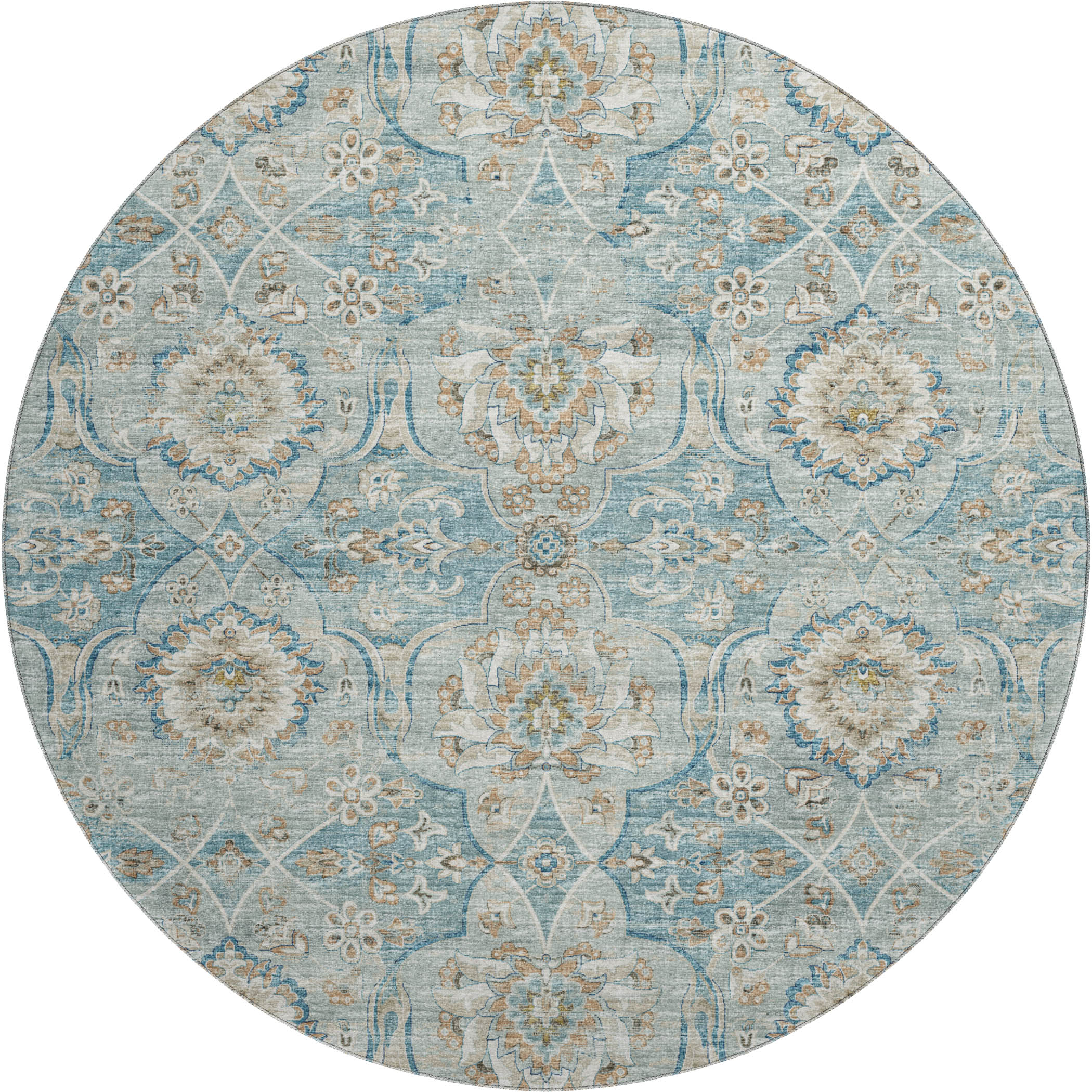 Split Machine Washable Traditional Peacock Blue Rug 8' x 8' #shape_Round