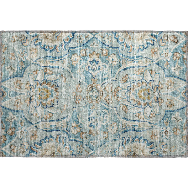 Split Machine Washable Traditional Peacock Blue Rug 1'8" x 2'6"