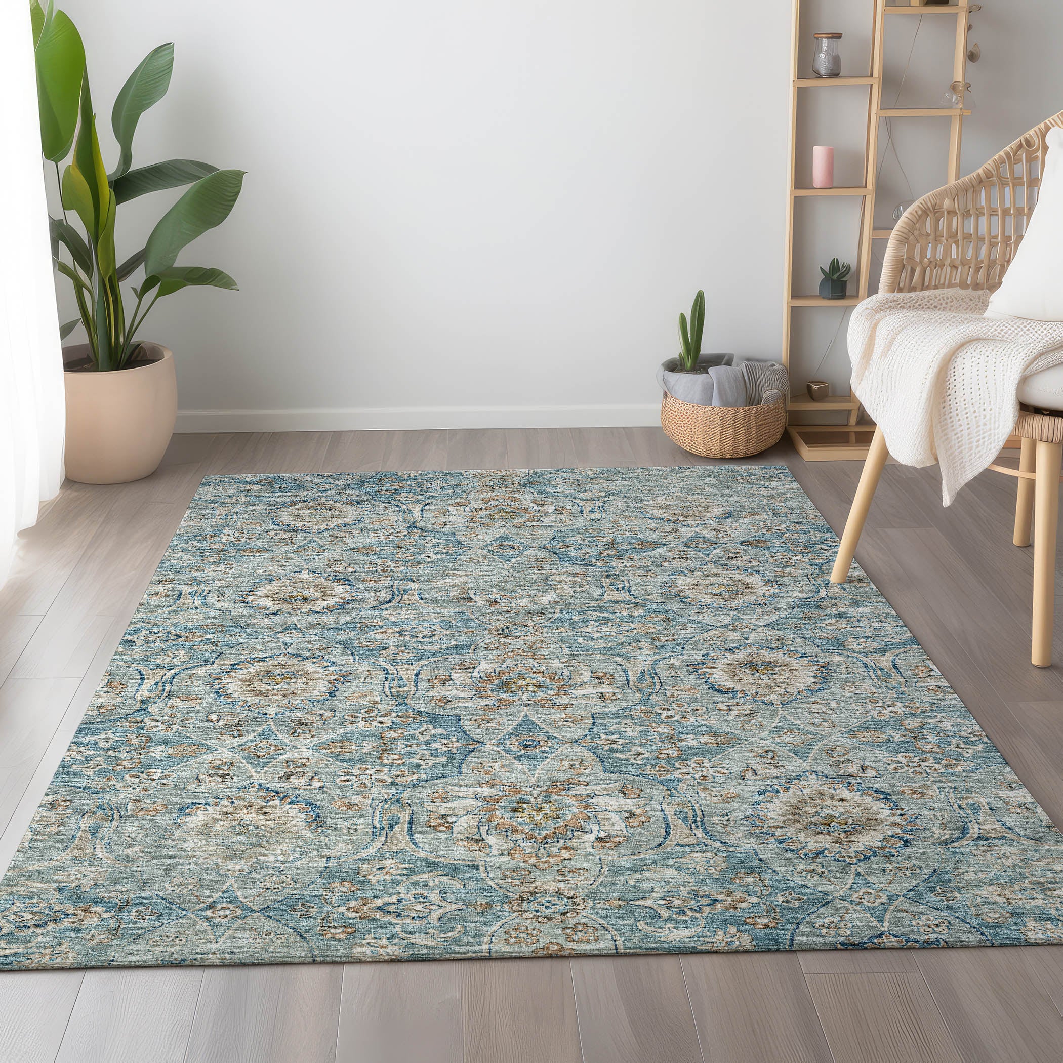 Split Machine Washable Traditional Peacock Blue Rug 2'6" x 3'10" #shape_Rectangle