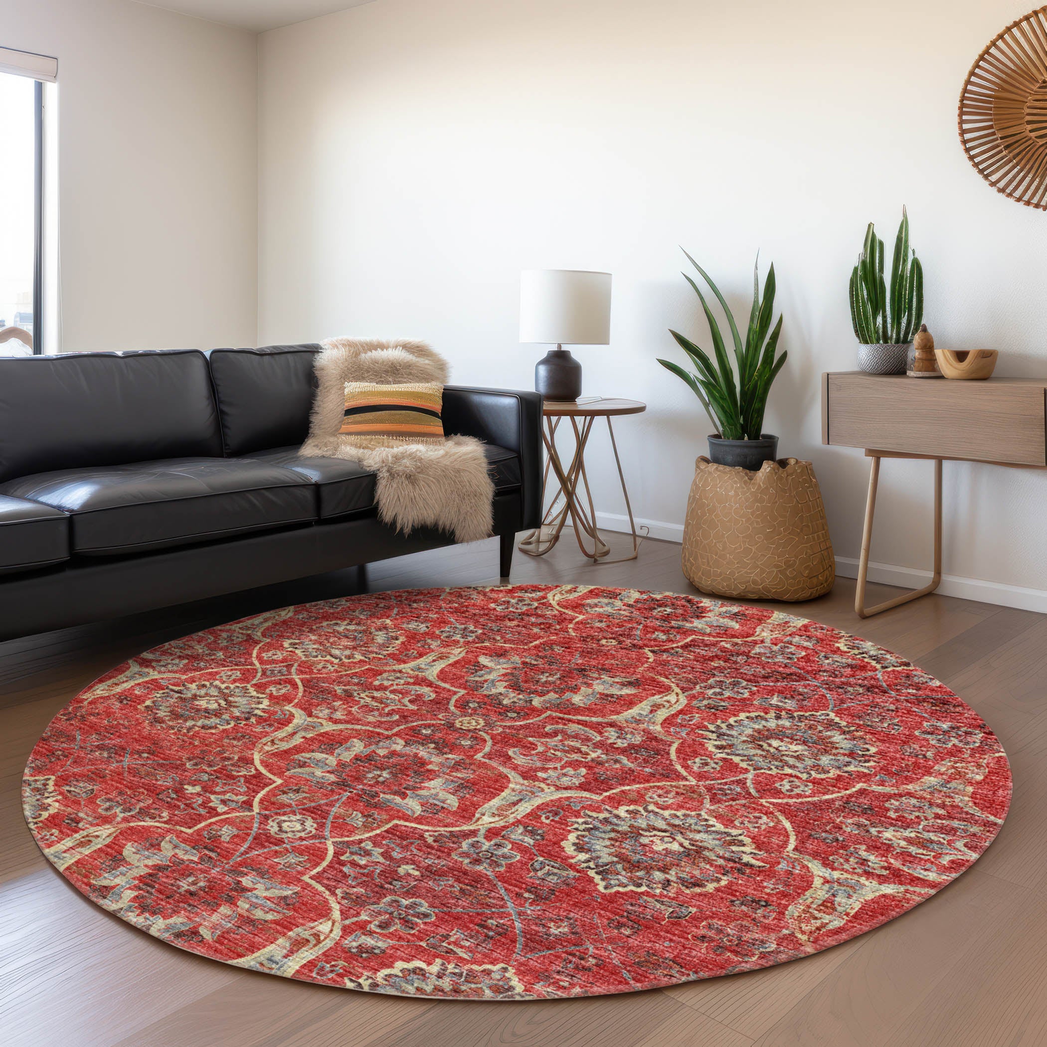 Split Machine Washable Traditional Red Rug 8' x 8' #shape_Round