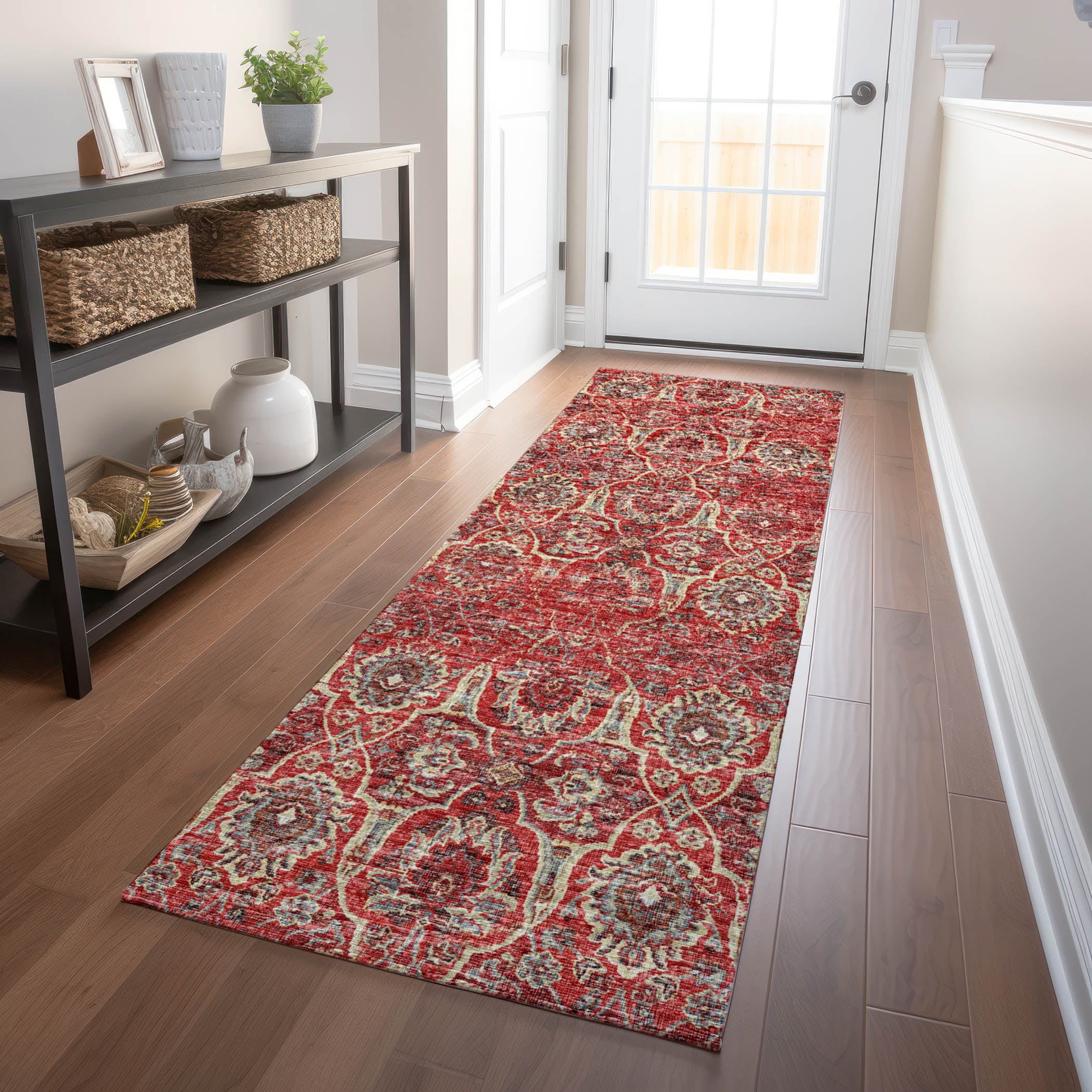 Split Machine Washable Traditional Red Rug 2'3" x 7'6" #shape_Runner