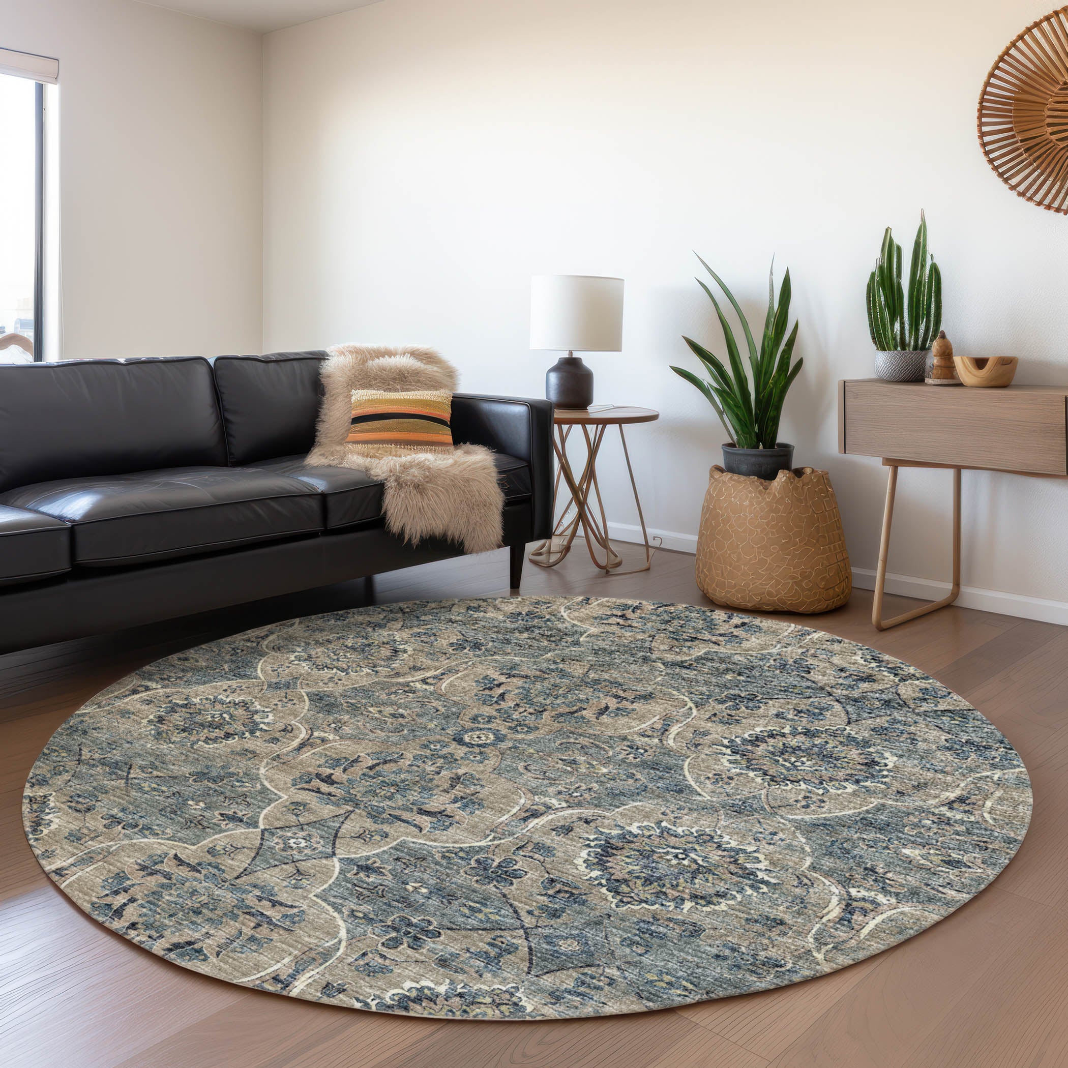 Split Machine Washable Traditional River Blue Rug 8' x 8' #shape_Round