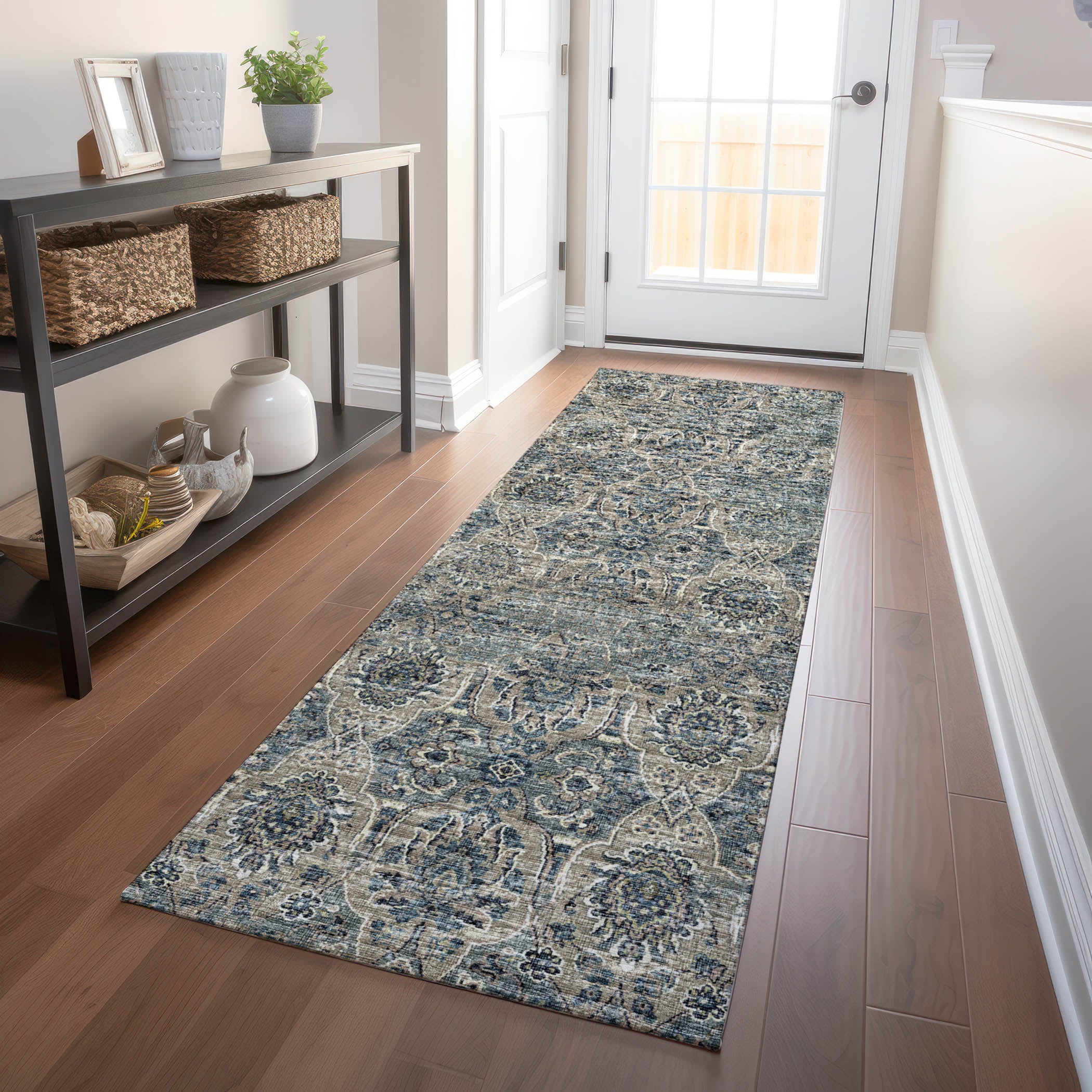 Split Machine Washable Traditional River Blue Rug 2'3" x 7'6" #shape_Runner