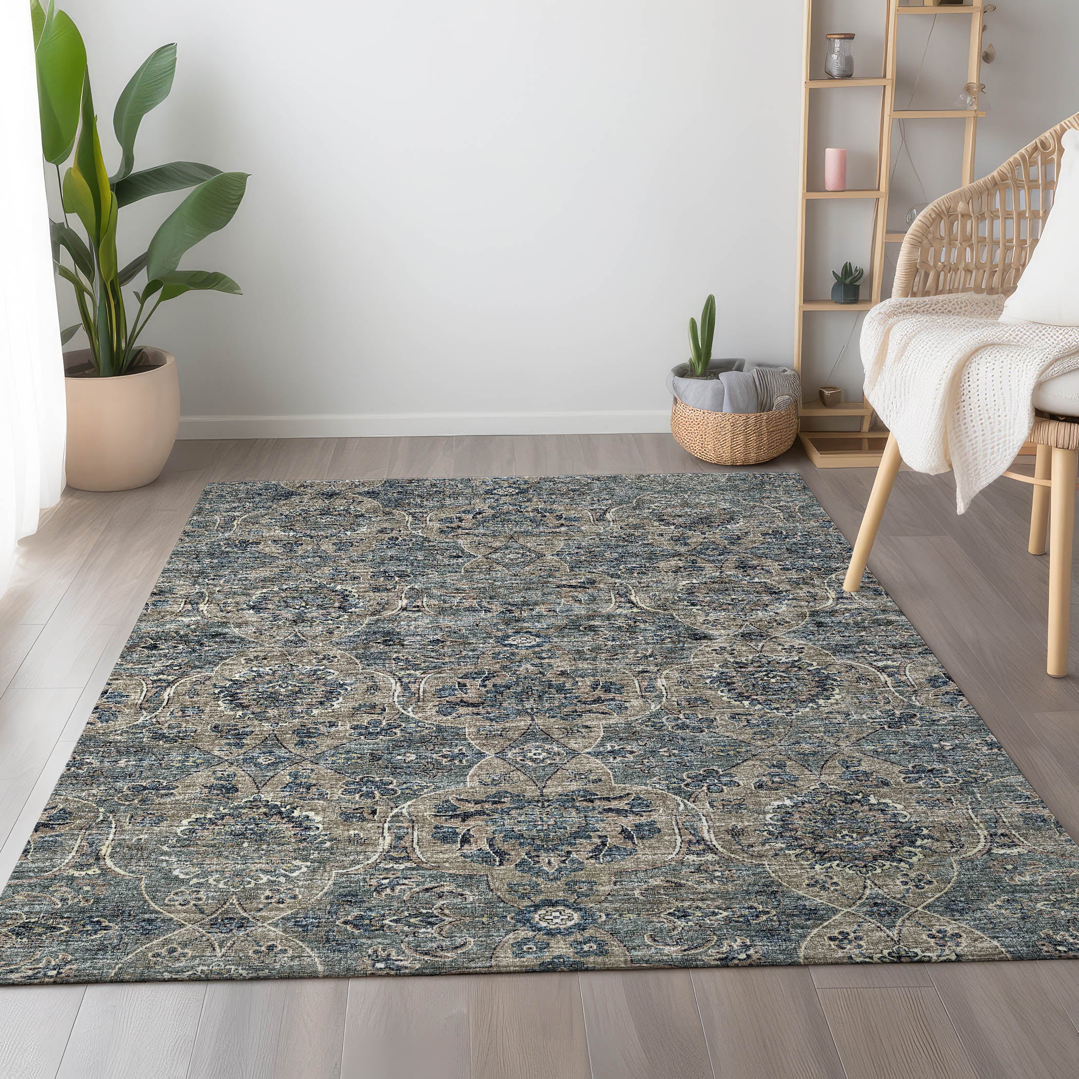 Split Machine Washable Traditional River Blue Rug 2'6" x 3'10" #shape_Rectangle