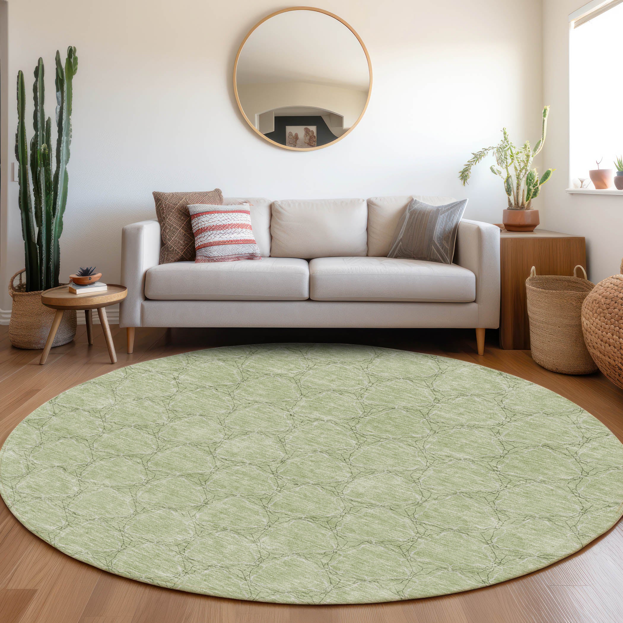 Bergen Machine Washable Transitional Aloe Green Rug 8' x 8' #shape_Round
