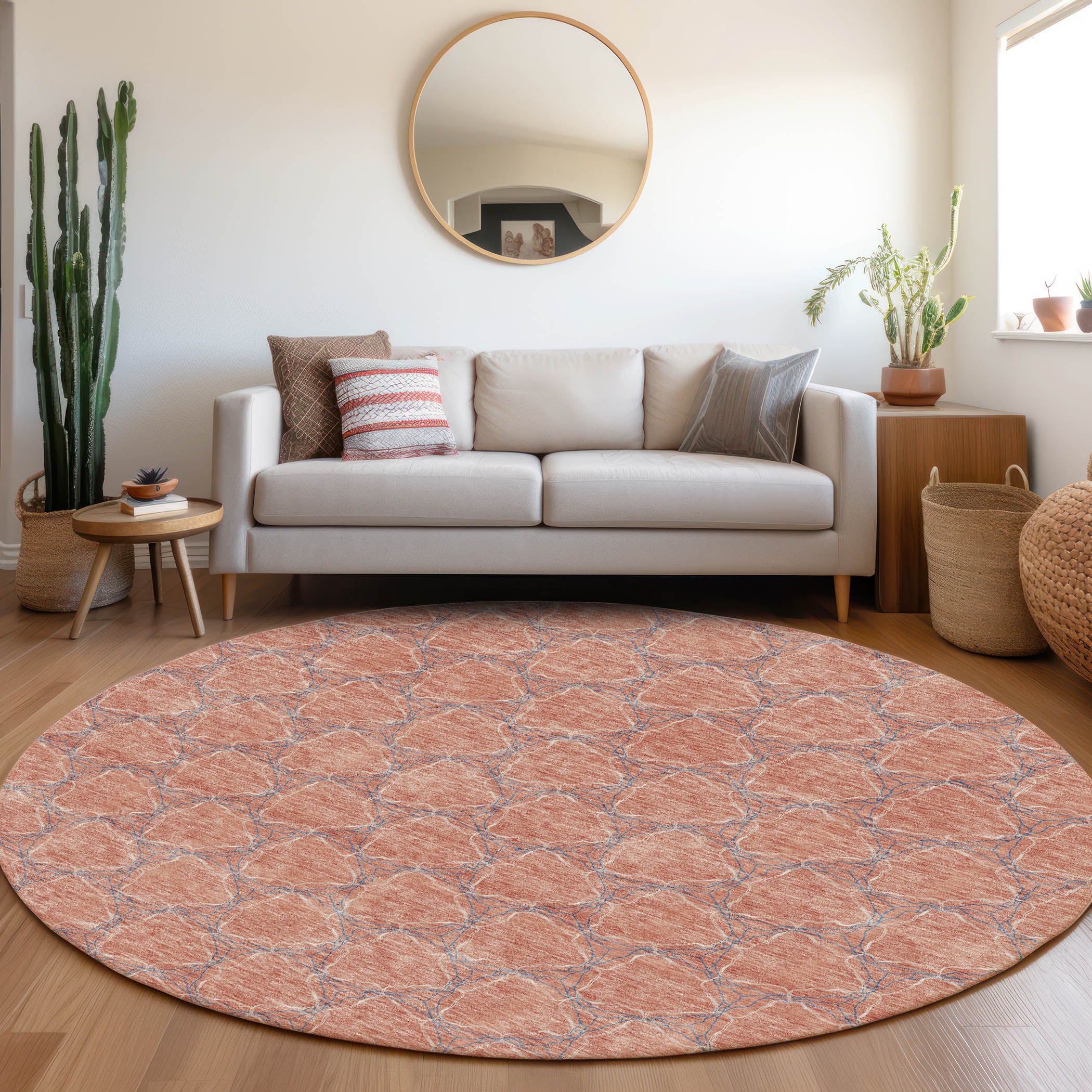 Bergen Machine Washable Transitional Salmon Orange Rug 8' x 8' #shape_Round