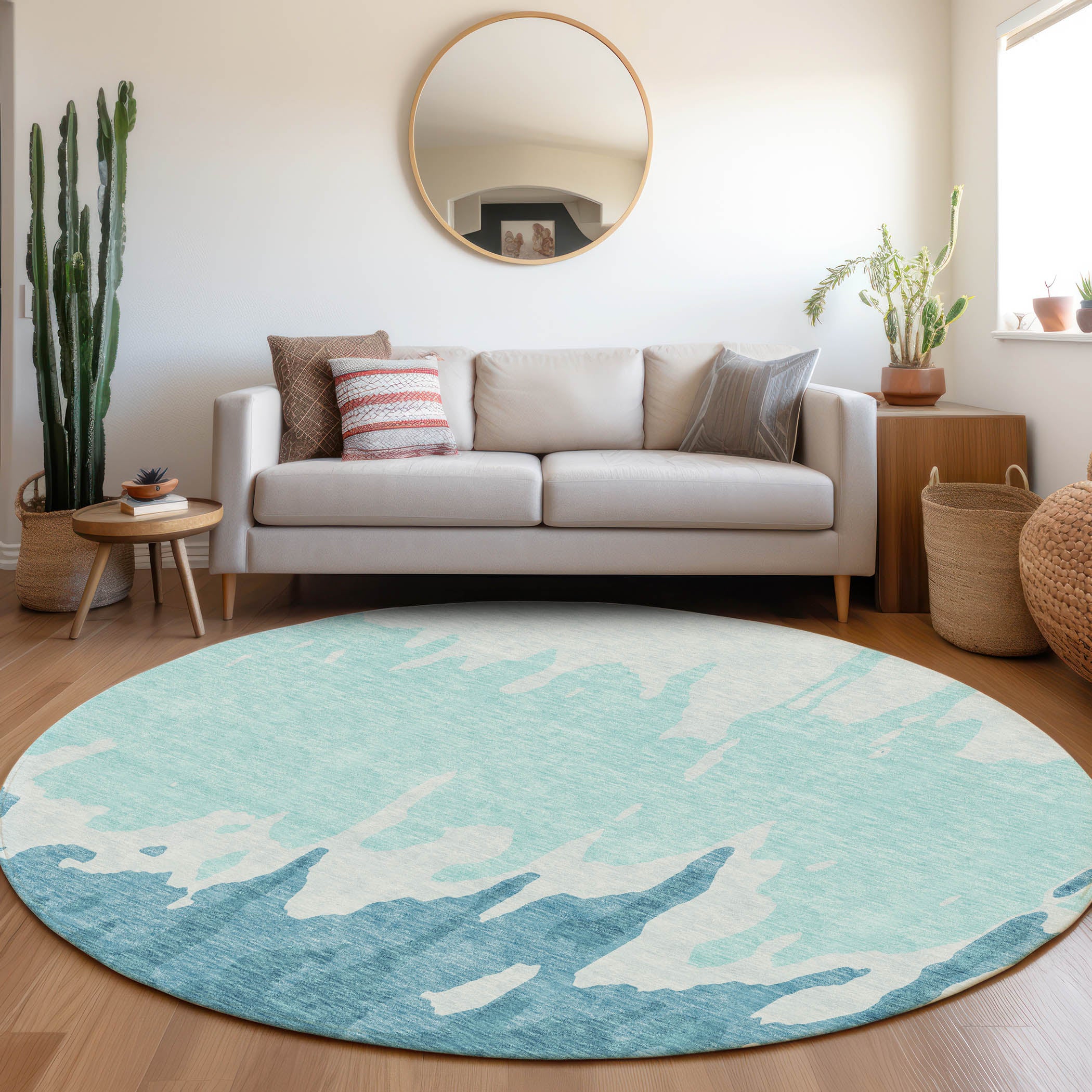 Seville Machine Washable Transitional Teal Rug 8' x 8' #shape_Round