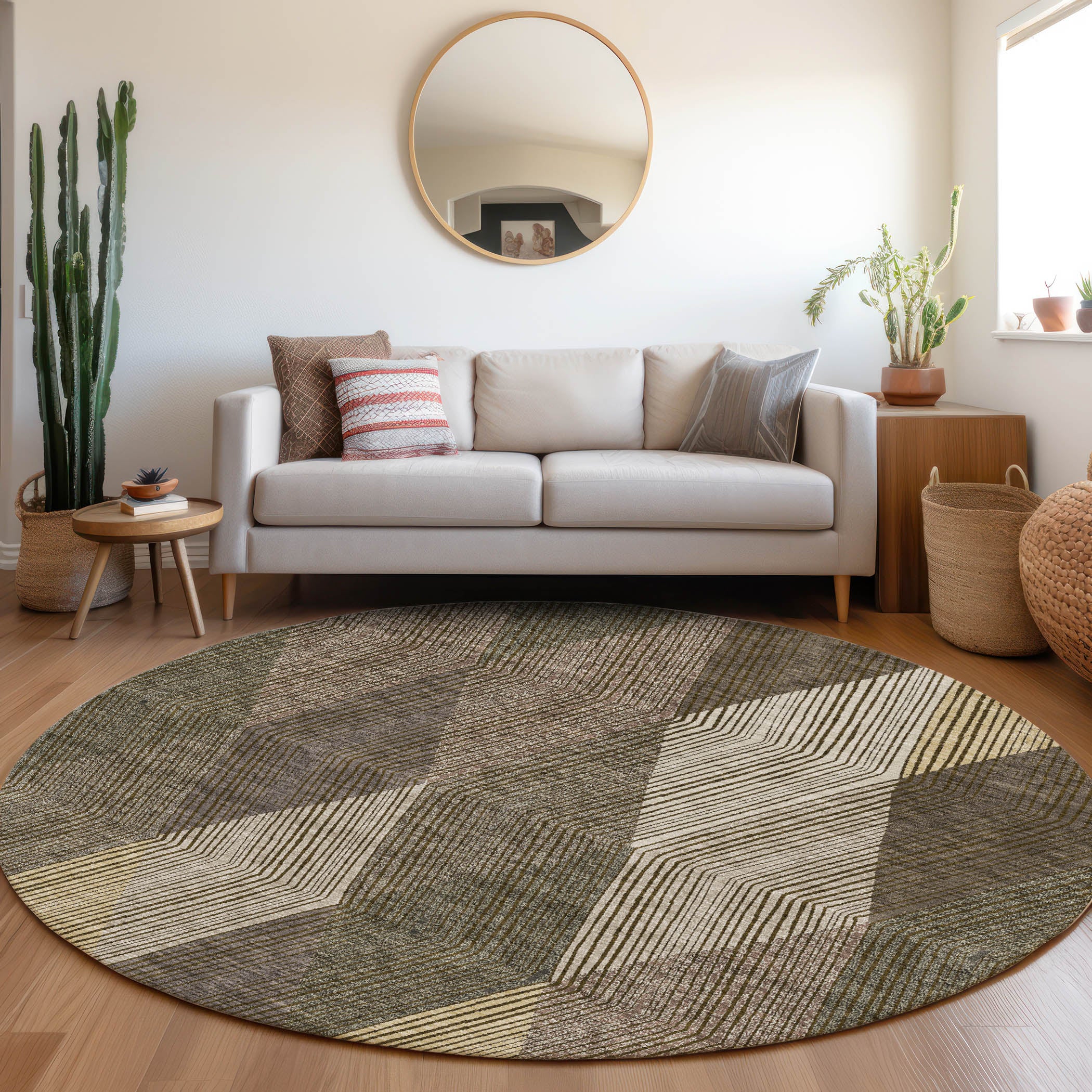 Seville Machine Washable Transitional Brown Rug 8' x 8' #shape_Round
