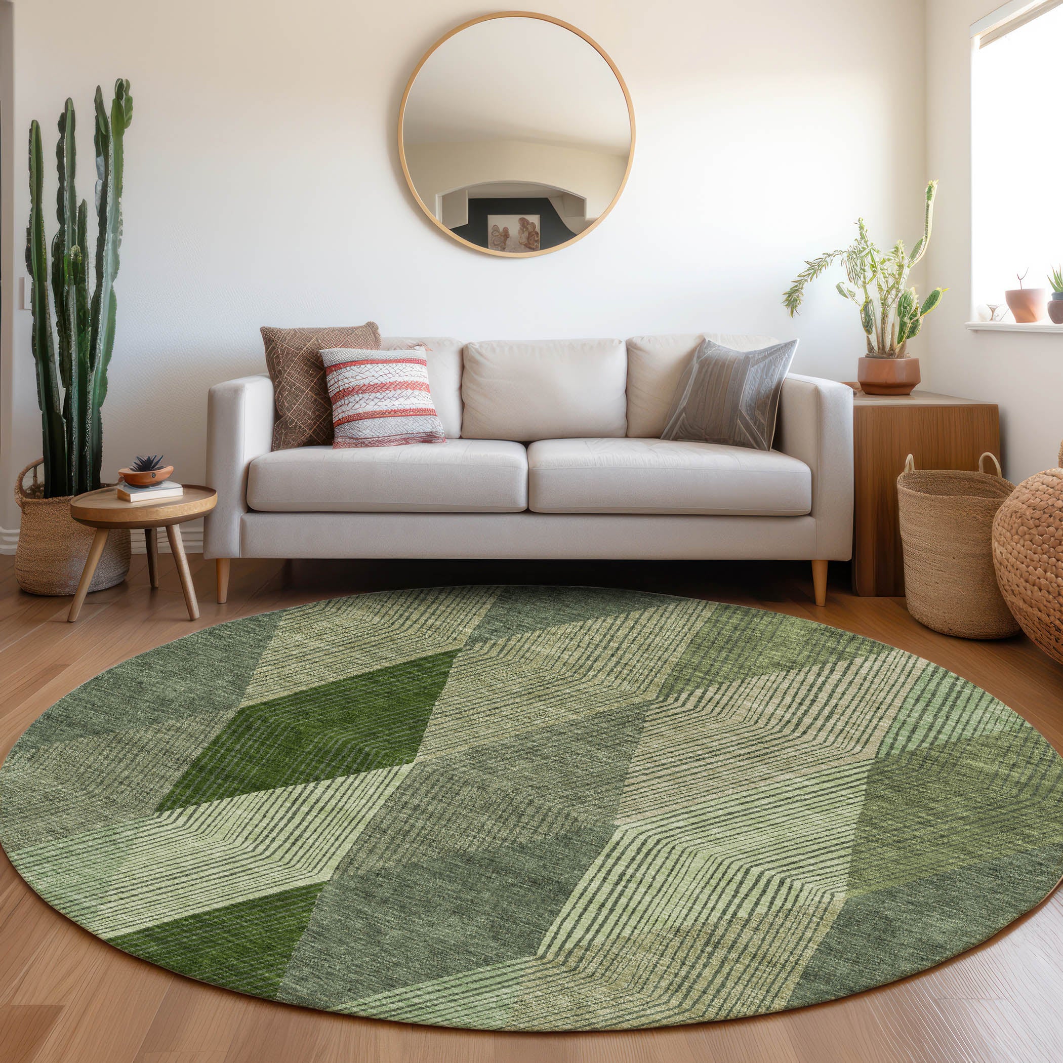 Seville Machine Washable Transitional Green Rug 8' x 8' #shape_Round