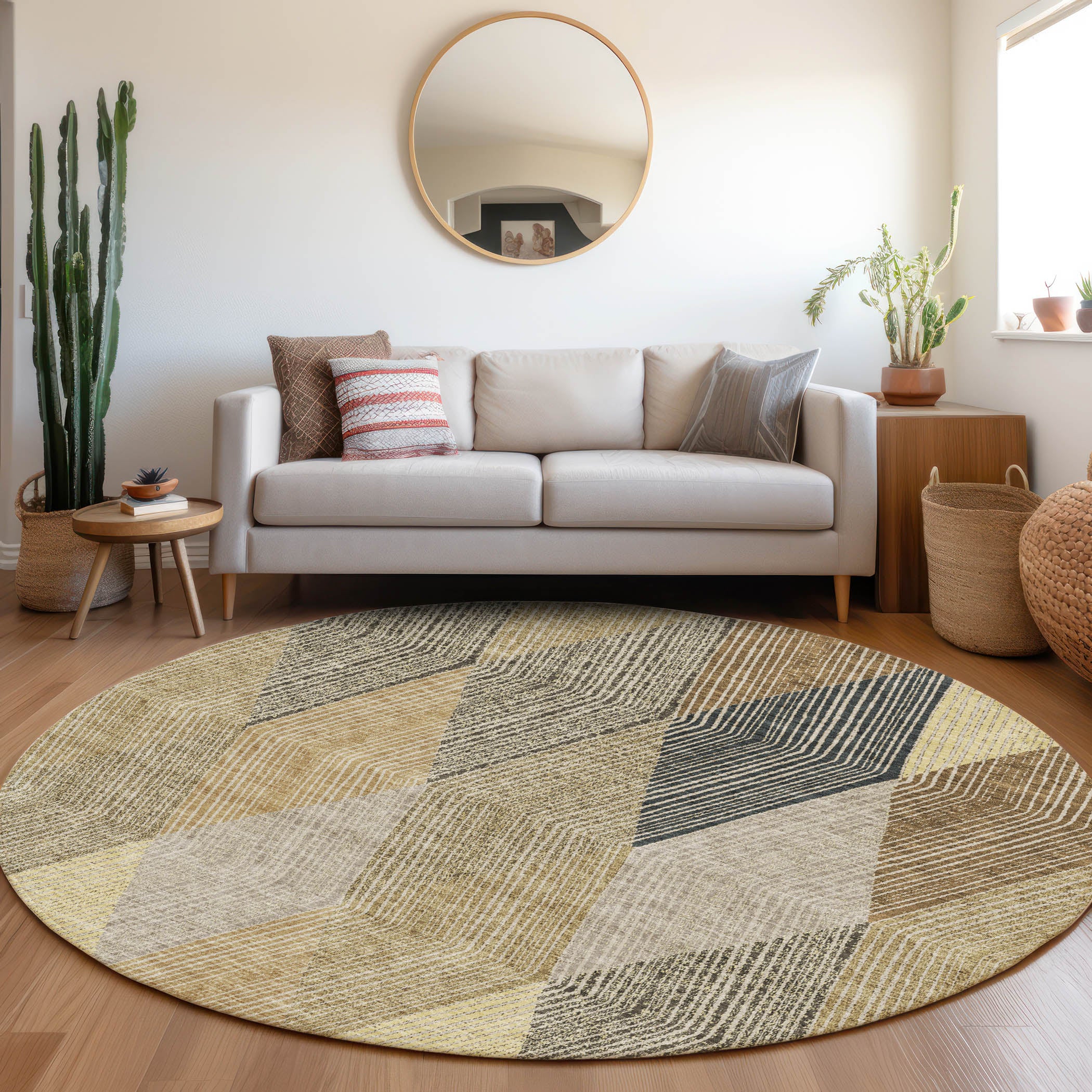 Seville Machine Washable Transitional Mocha Brown Rug 8' x 8' #shape_Round