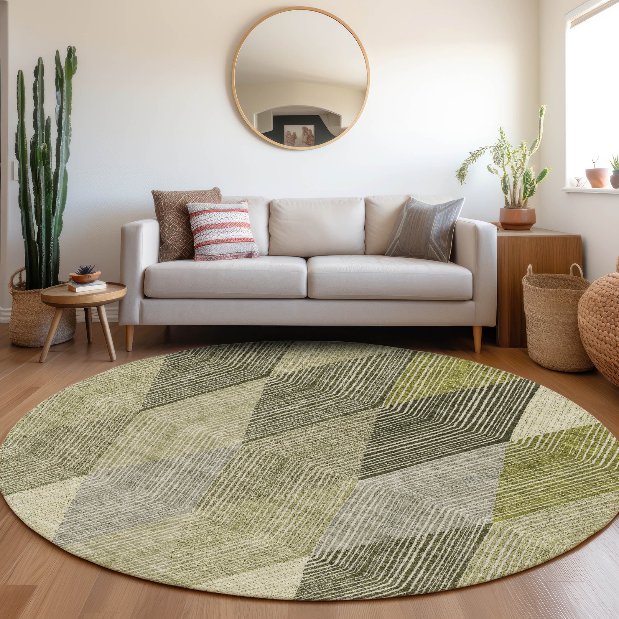 Seville Machine Washable Transitional Olive Green Rug 8' x 8' #shape_Round