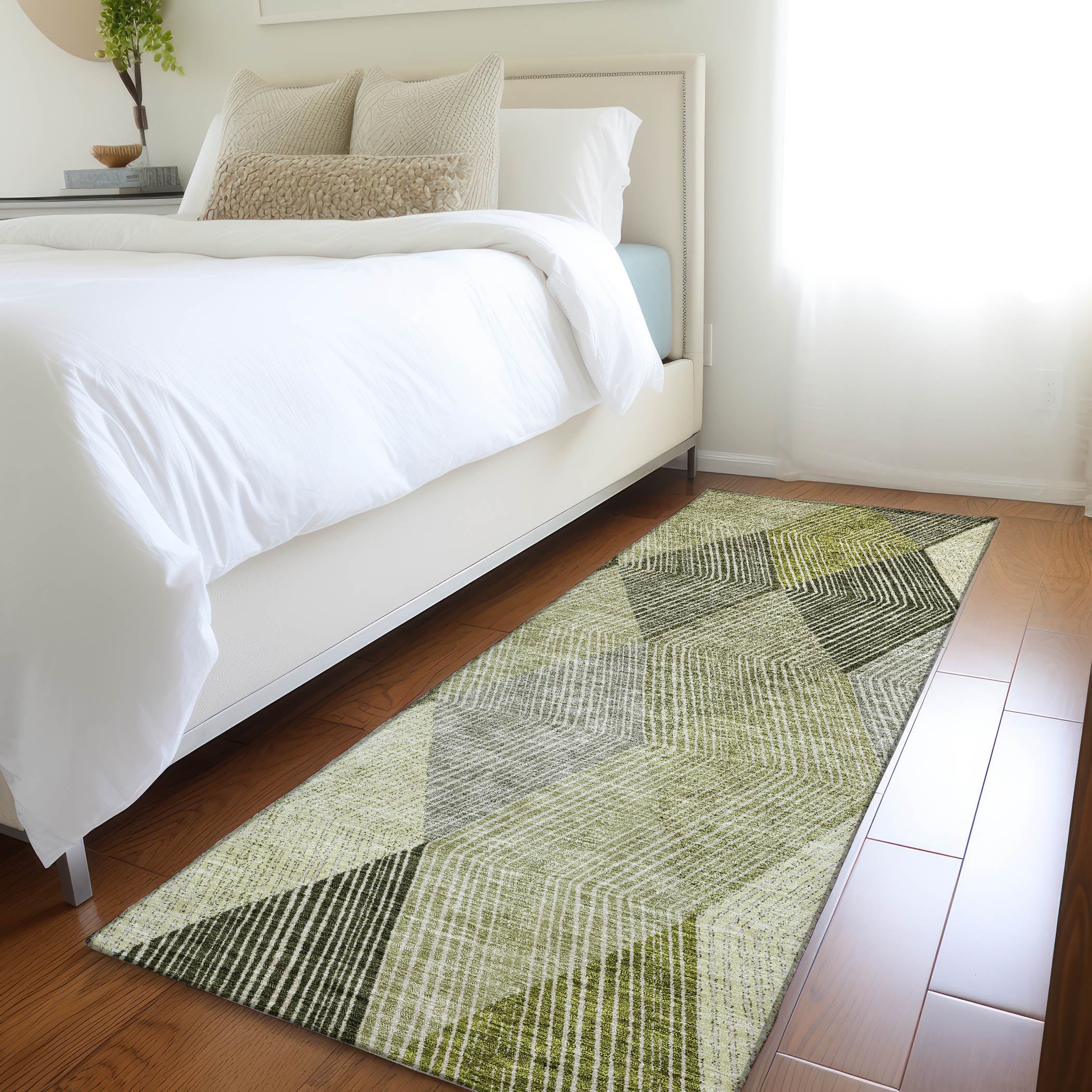 Seville Machine Washable Transitional Olive Green Rug 2'3" x 7'6" #shape_Runner