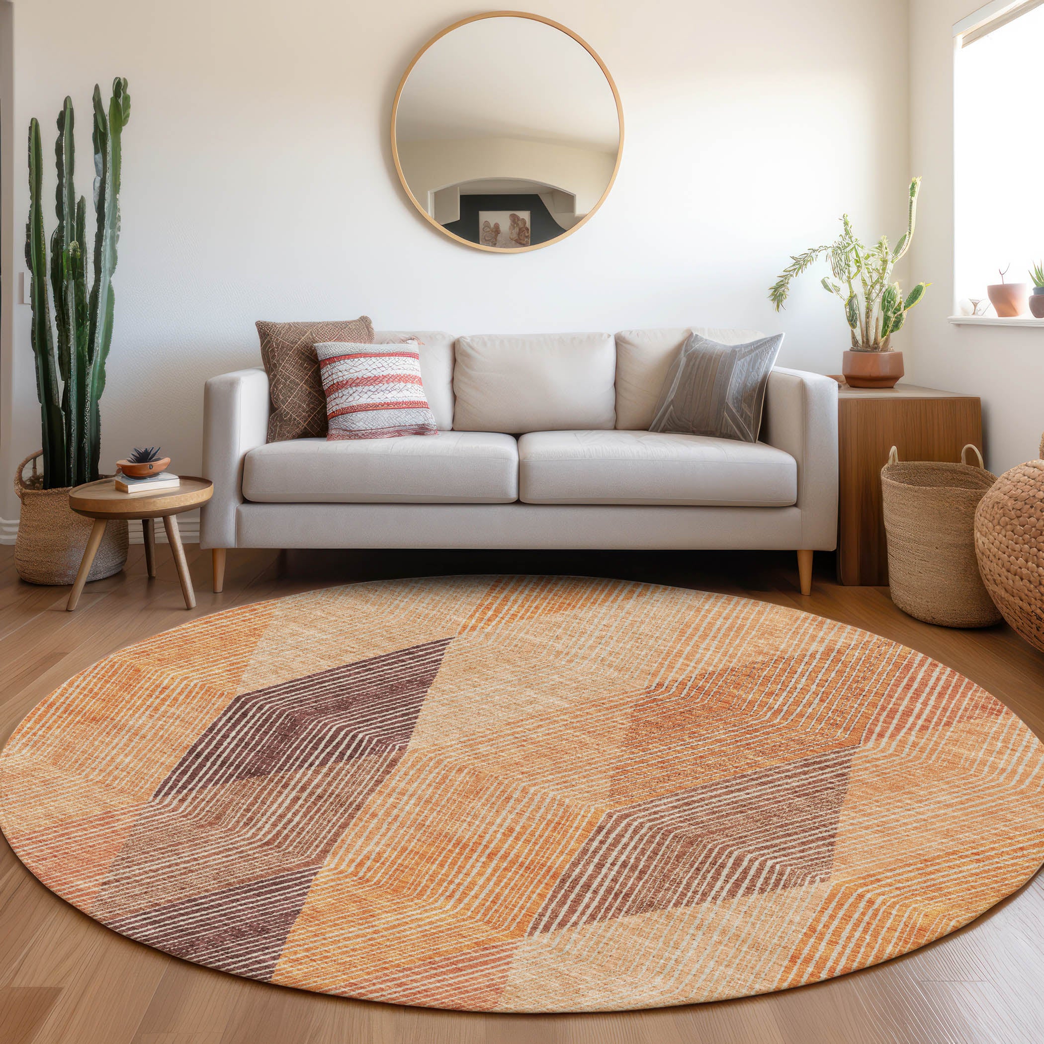 Seville Machine Washable Transitional Orange Rug 8' x 8' #shape_Round