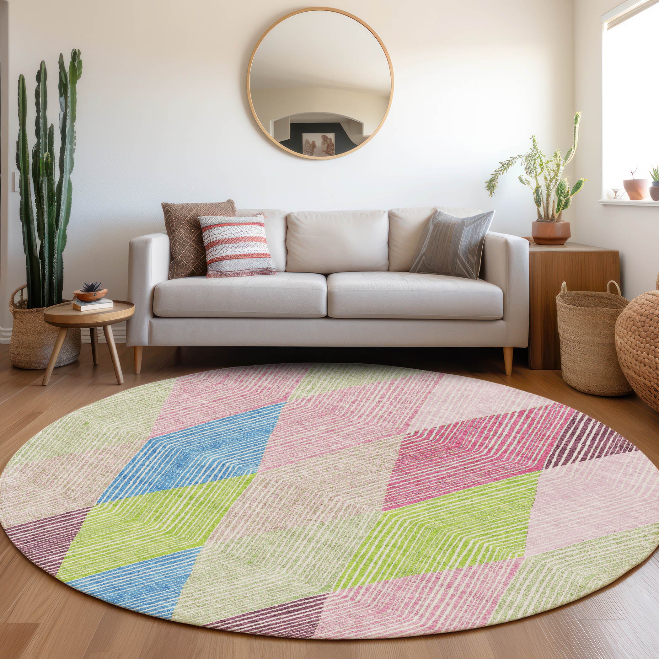 Seville Machine Washable Transitional Pink Rug 8' x 8' #shape_Round