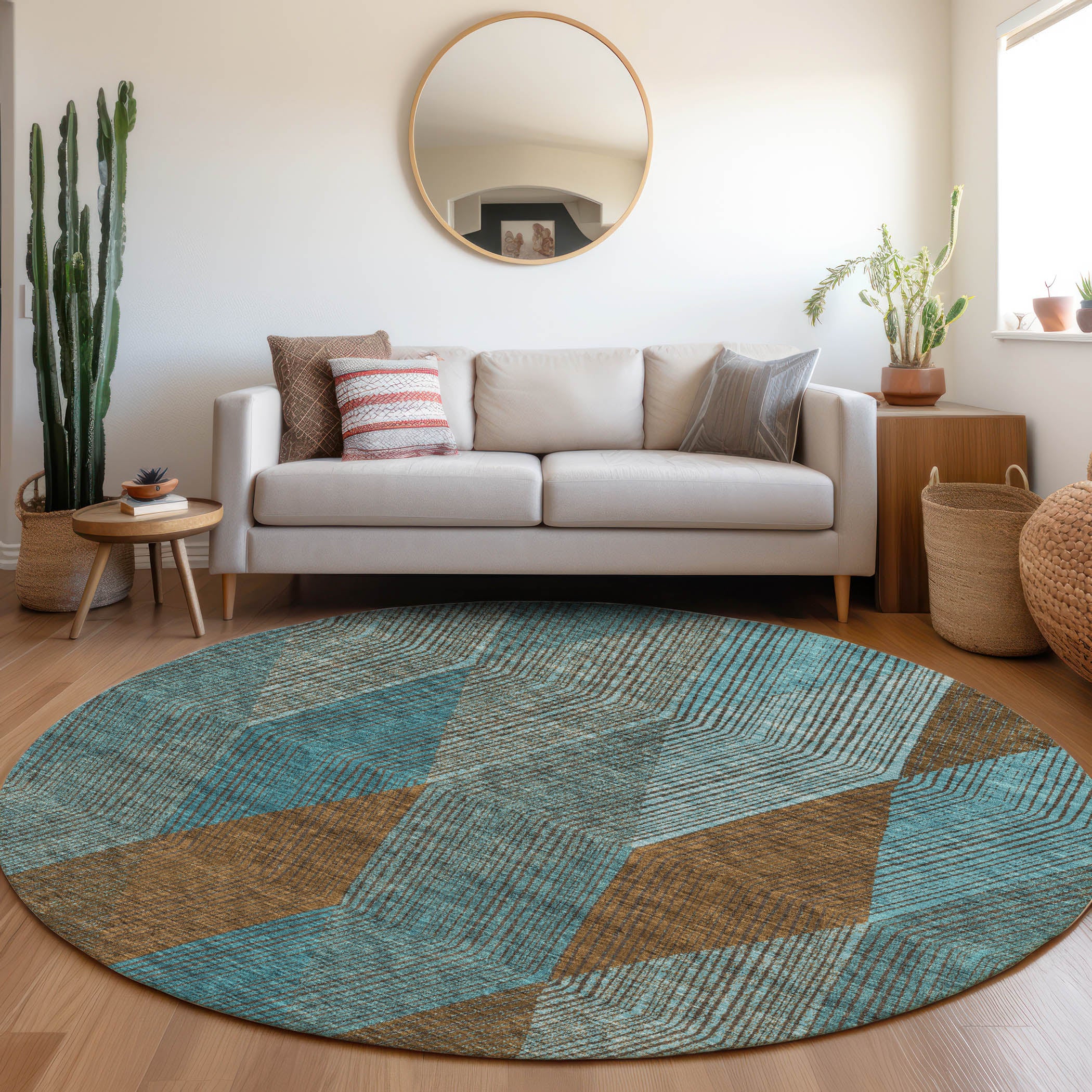 Seville Machine Washable Transitional Teal Rug 8' x 8' #shape_Round