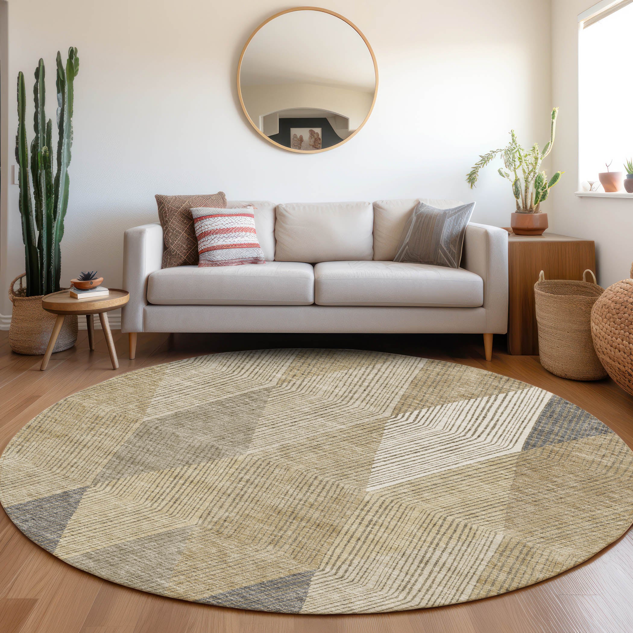Seville Machine Washable Transitional Wheat Gold Rug 8' x 8' #shape_Round