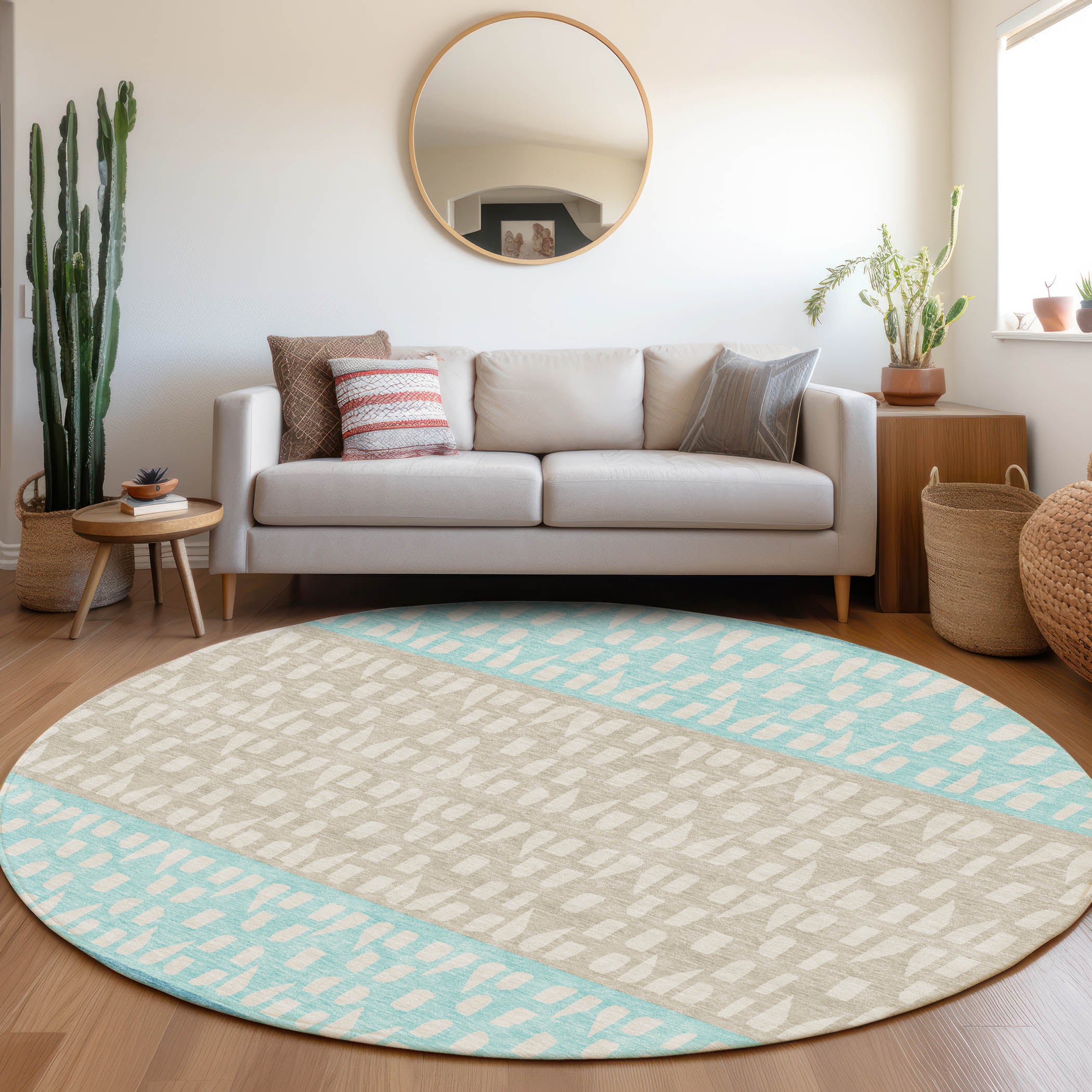 Florence Machine Washable Transitional Teal Rug 8' x 8' #shape_Round