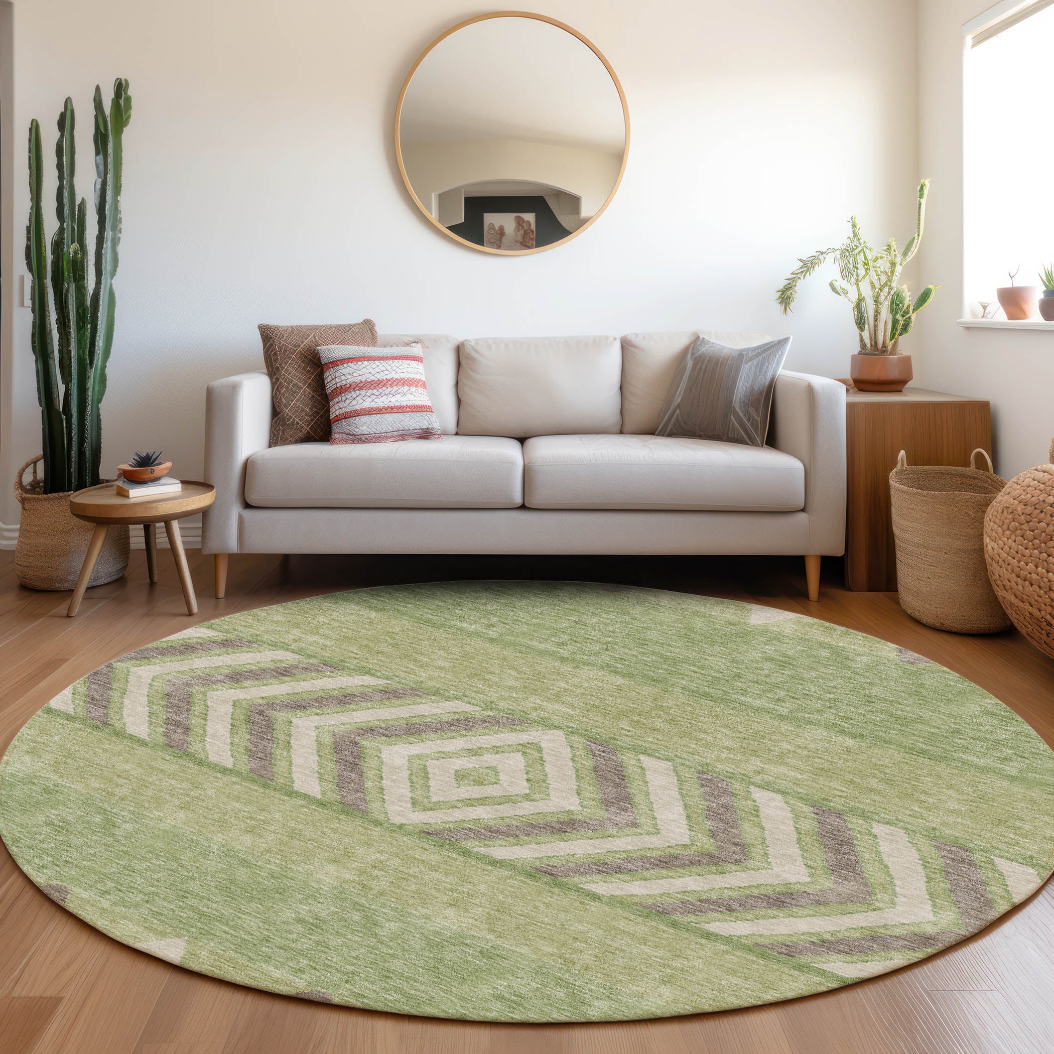 Kotor Machine Washable Transitional Green Rug 8' x 8' #shape_Round