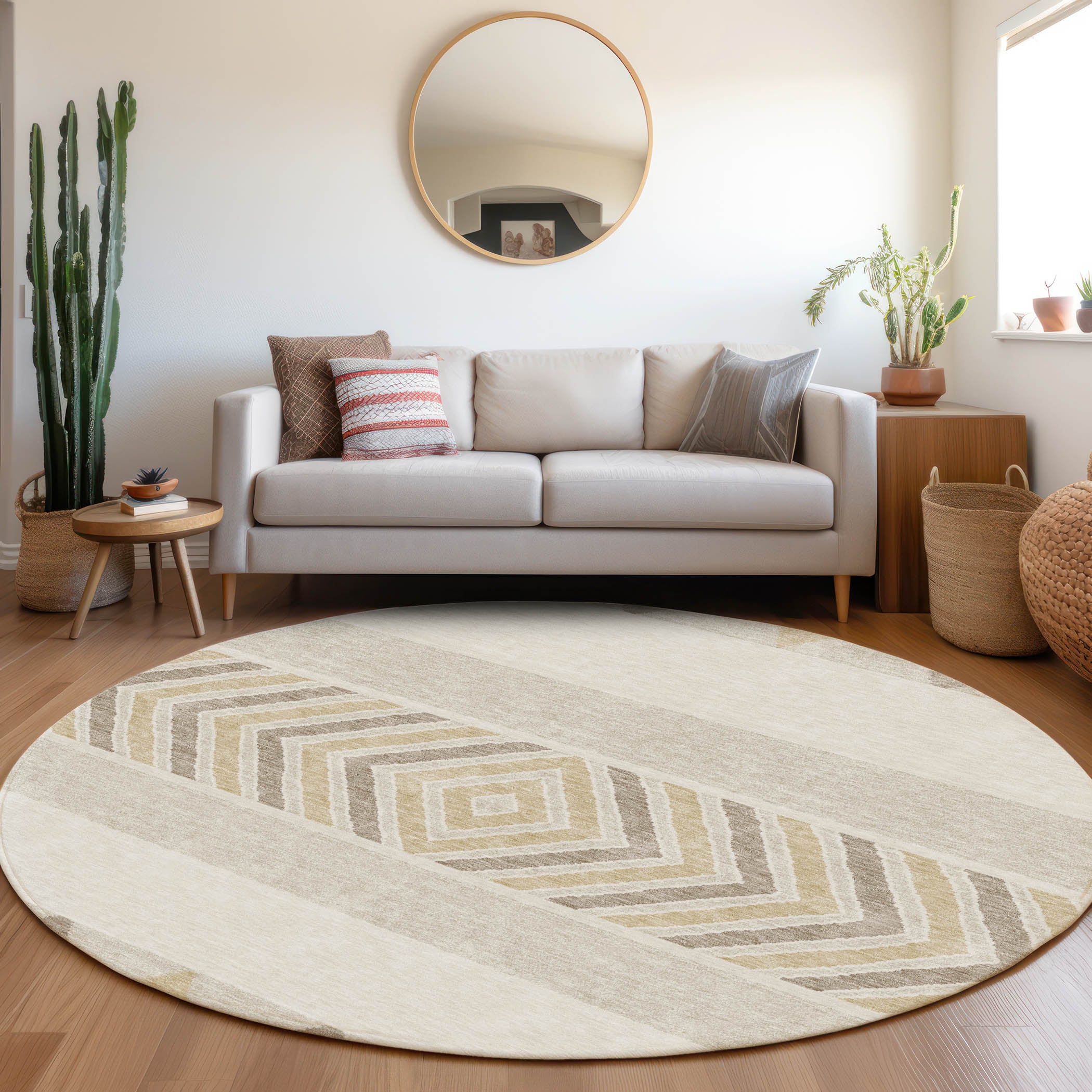 Kotor Machine Washable Transitional Ivory Rug 8' x 8' #shape_Round