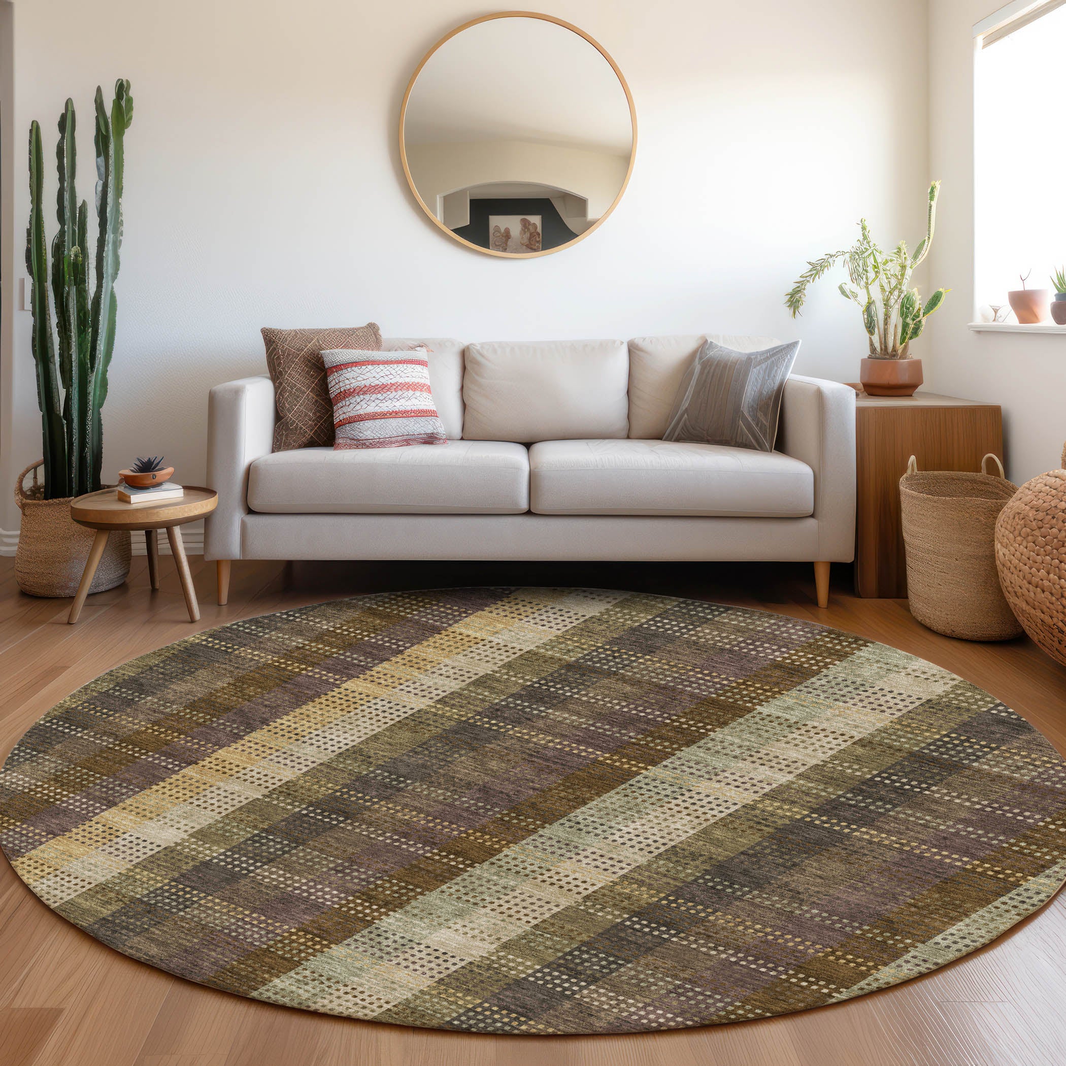 Lisbon Machine Washable Transitional Brown Rug 8' x 8' #shape_Round