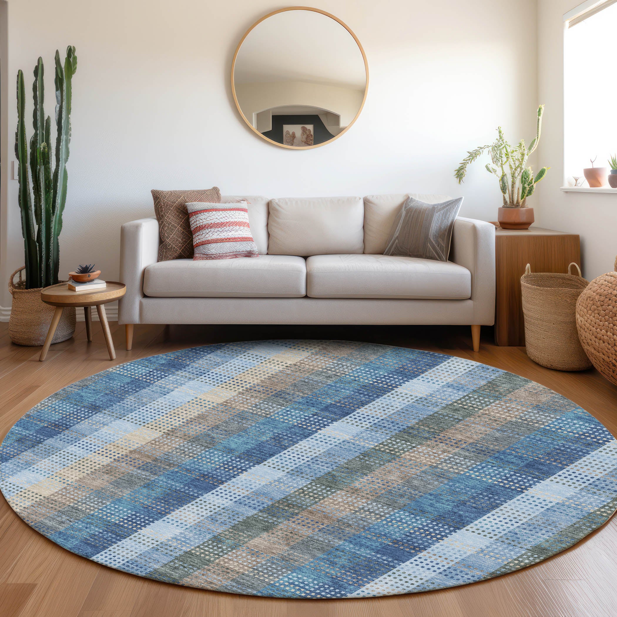 Lisbon Machine Washable Transitional Denim Blue Rug 8' x 8' #shape_Round