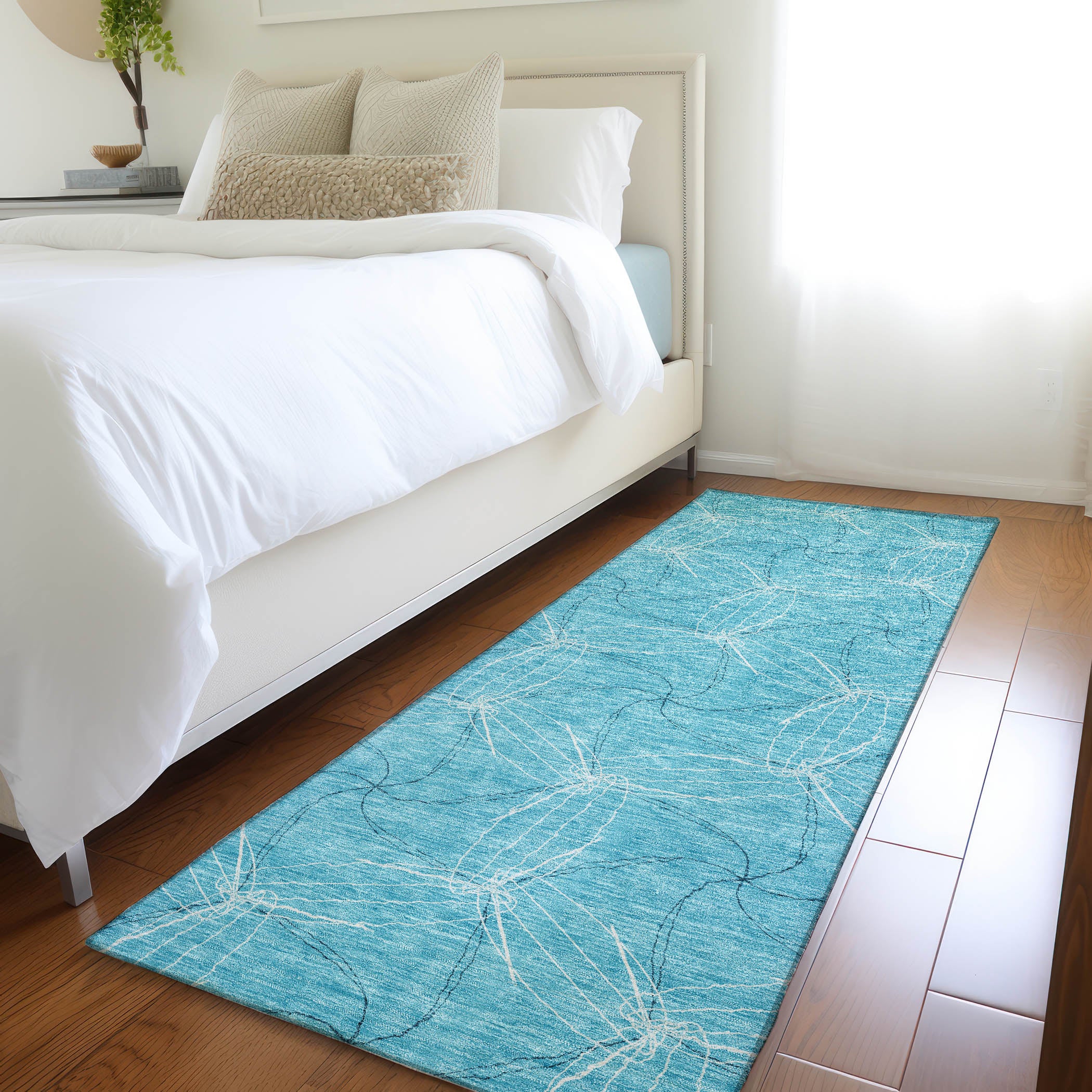 Bangkok Machine Washable Transitional Aqua Teal Rug 2'3" x 7'6" #shape_Runner