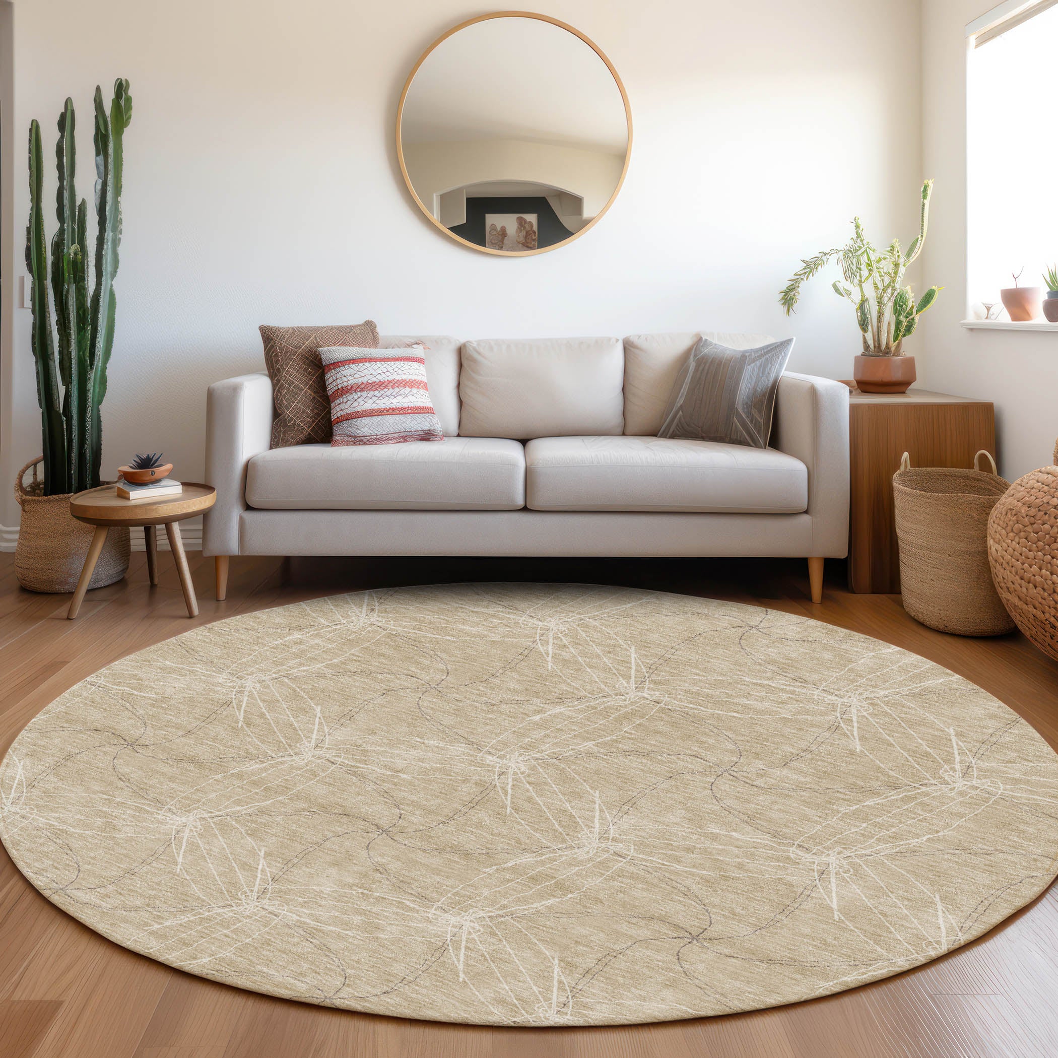 Bangkok Machine Washable Transitional Beige Brown Rug 8' x 8' #shape_Round