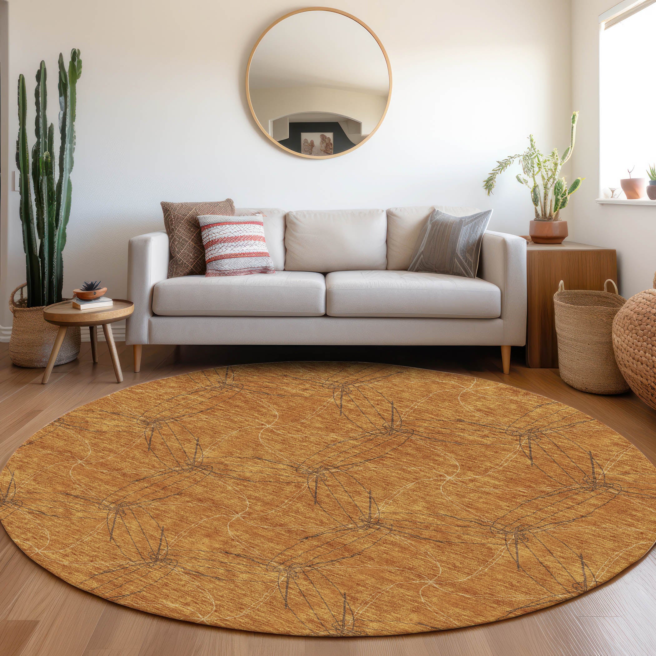 Bangkok Machine Washable Transitional Copper Orange Rug 8' x 8' #shape_Round