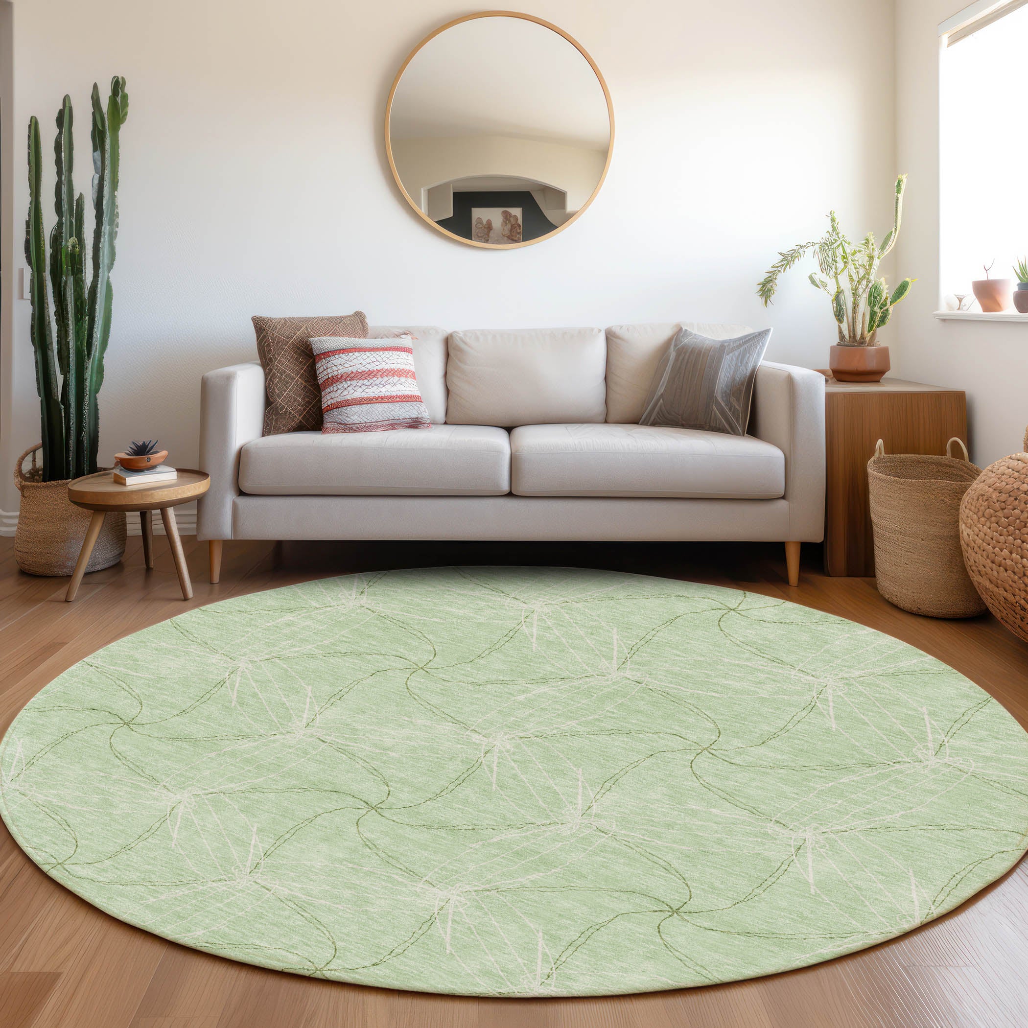 Bangkok Machine Washable Transitional Mint Green Rug 8' x 8' #shape_Round