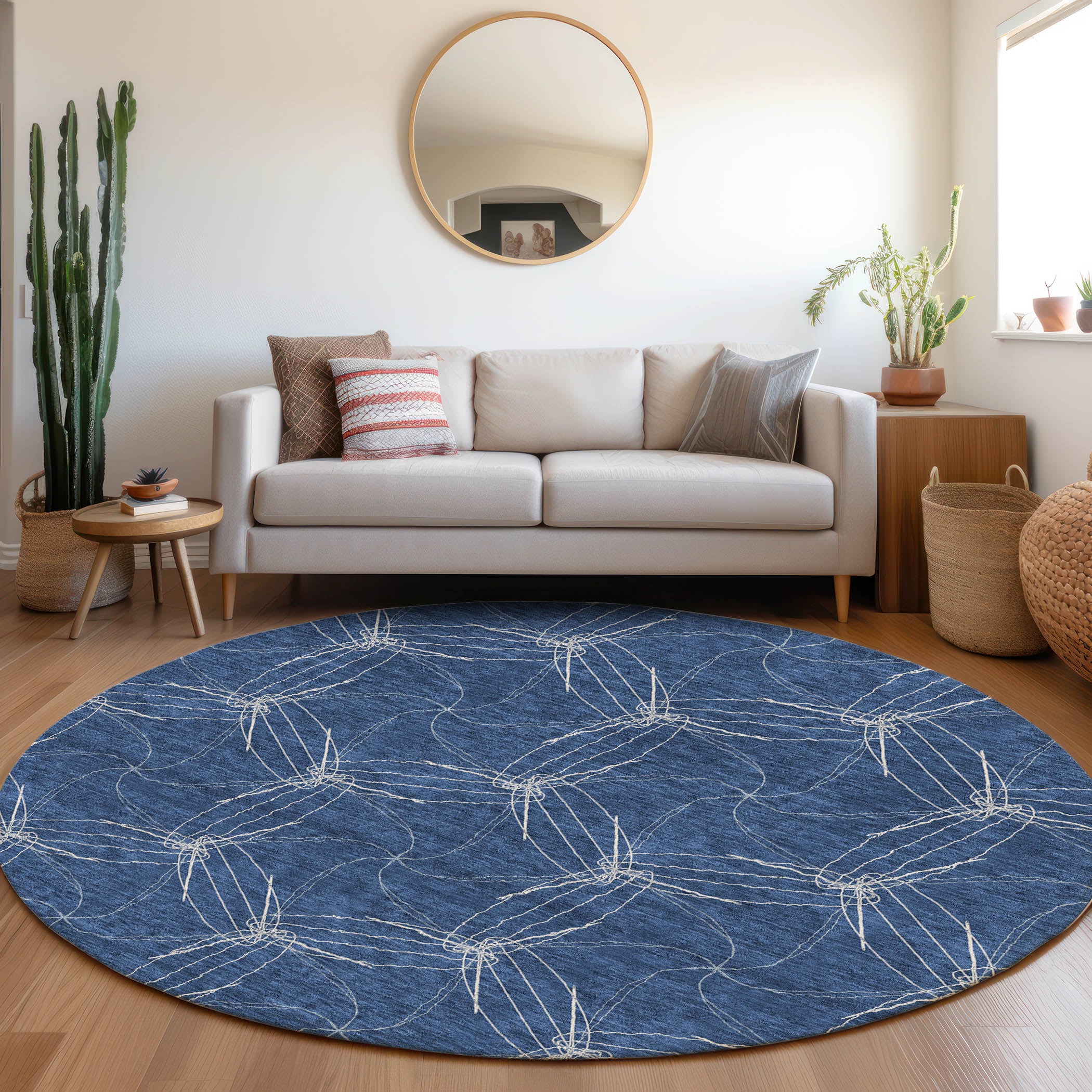 Bangkok Machine Washable Transitional Navy Blue Rug 8' x 8' #shape_Round