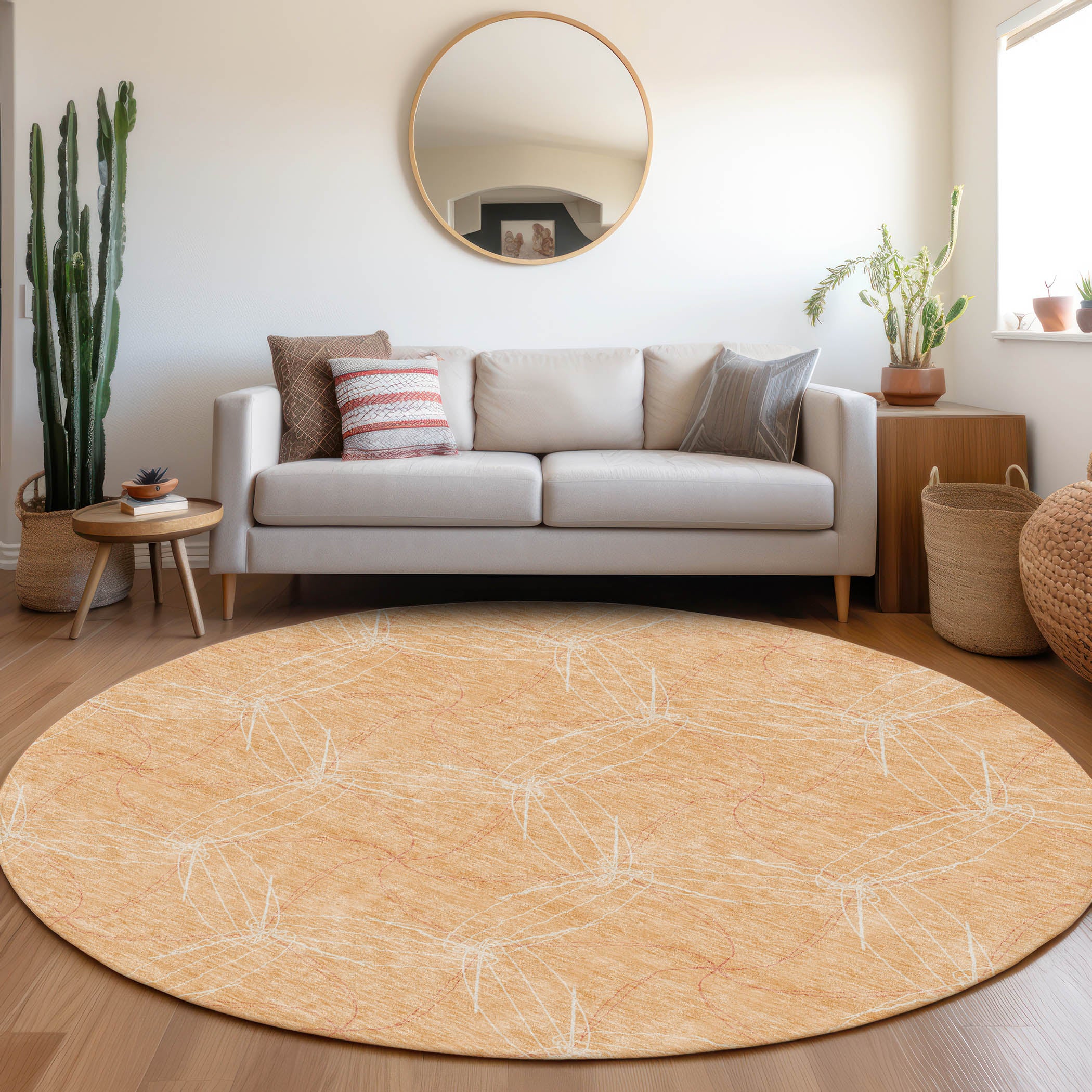 Bangkok Machine Washable Transitional Peach Orange Rug 8' x 8' #shape_Round