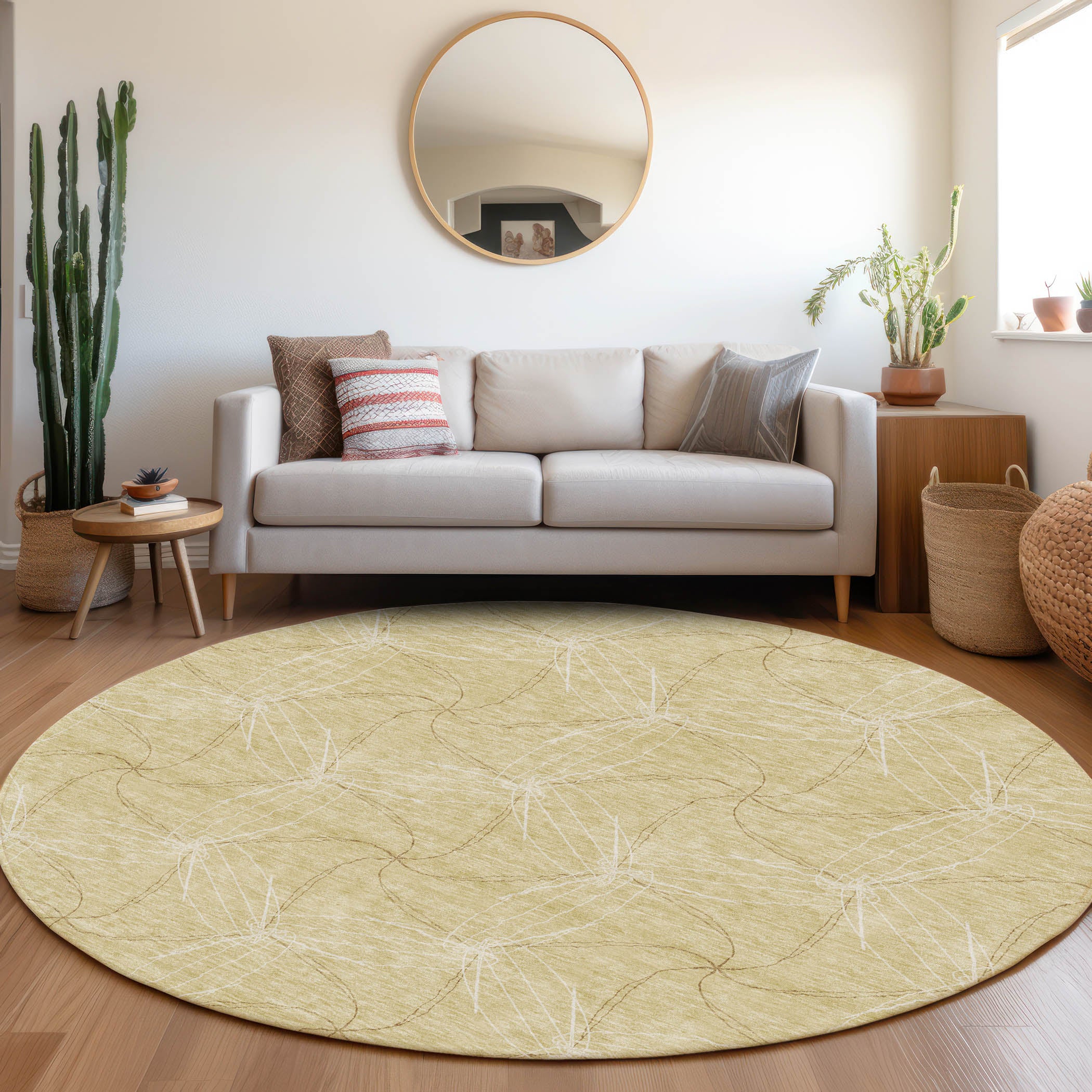 Bangkok Machine Washable Transitional Wheat Gold Rug 8' x 8' #shape_Round