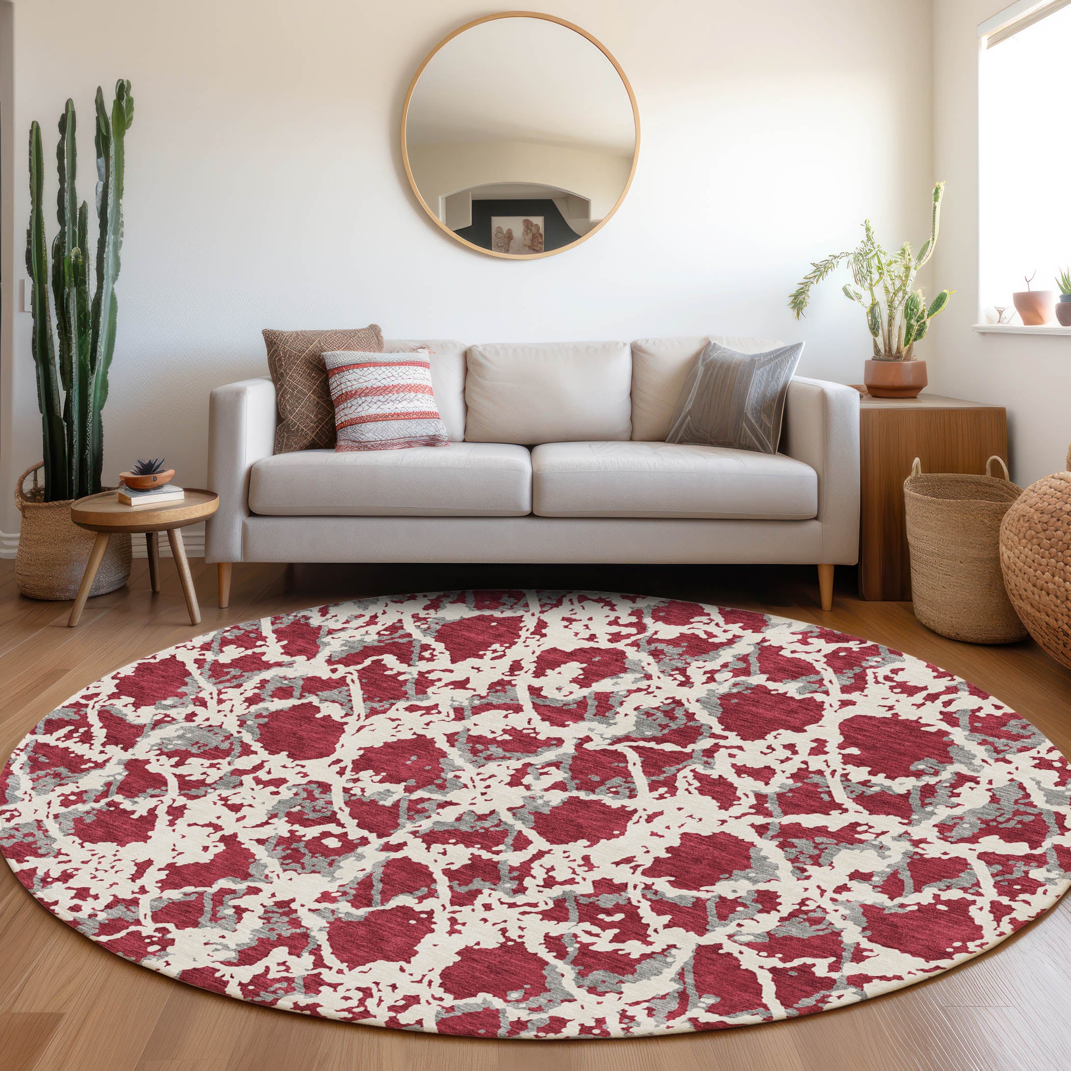 Bern Machine Washable Transitional Burgundy Red Rug 8' x 8' #shape_Round