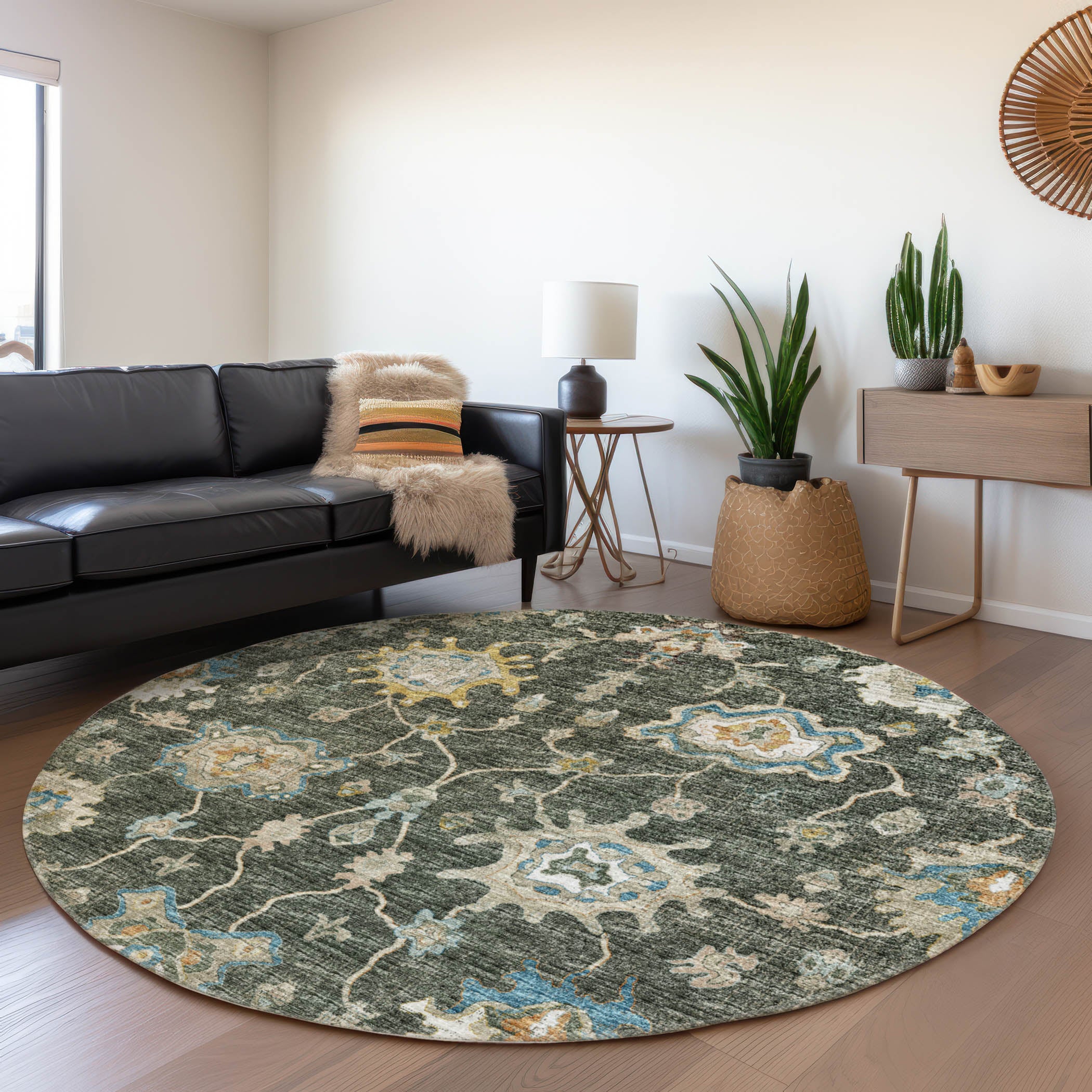 Sarajevo Machine Washable Traditional Forest Green Rug 8' x 8' #shape_Round