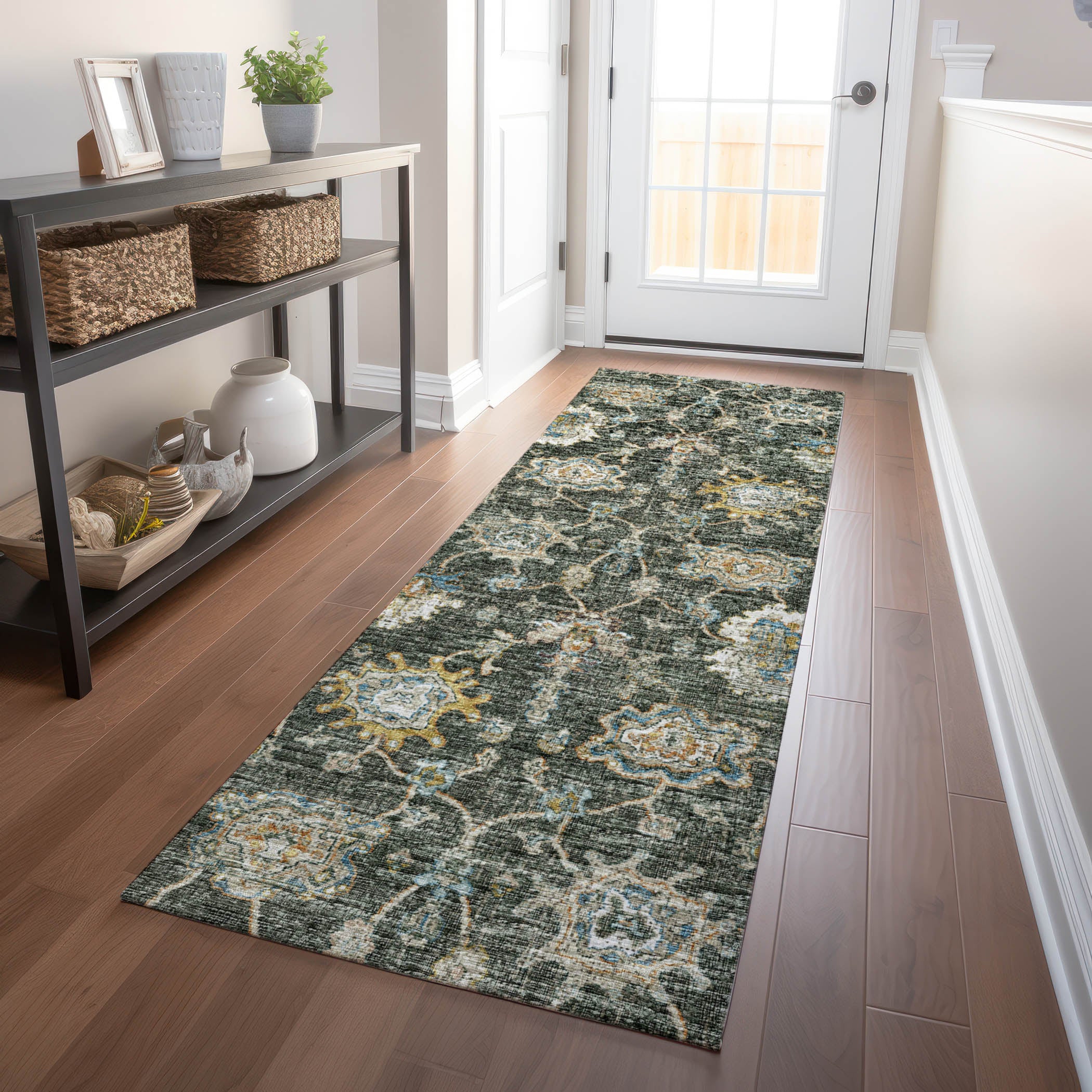 Sarajevo Machine Washable Traditional Forest Green Rug 2'3" x 7'6" #shape_Runner