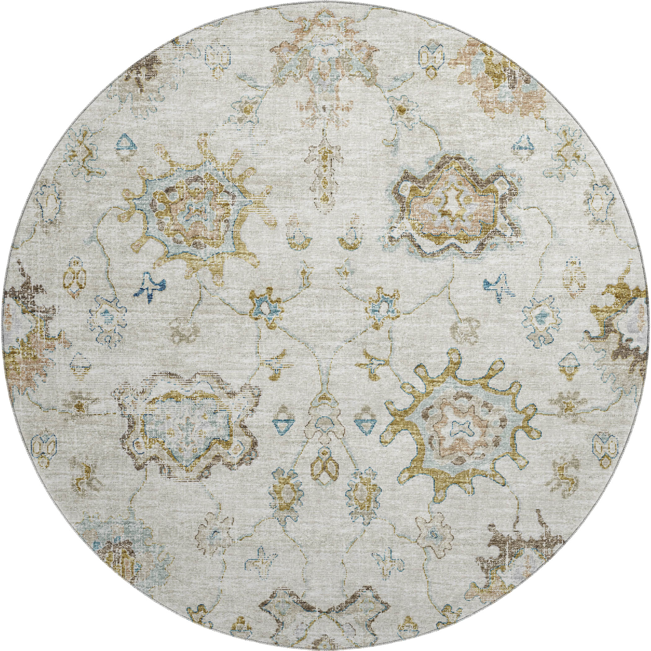 Sarajevo Machine Washable Traditional Linen Blue Rug 8' x 8' #shape_Round