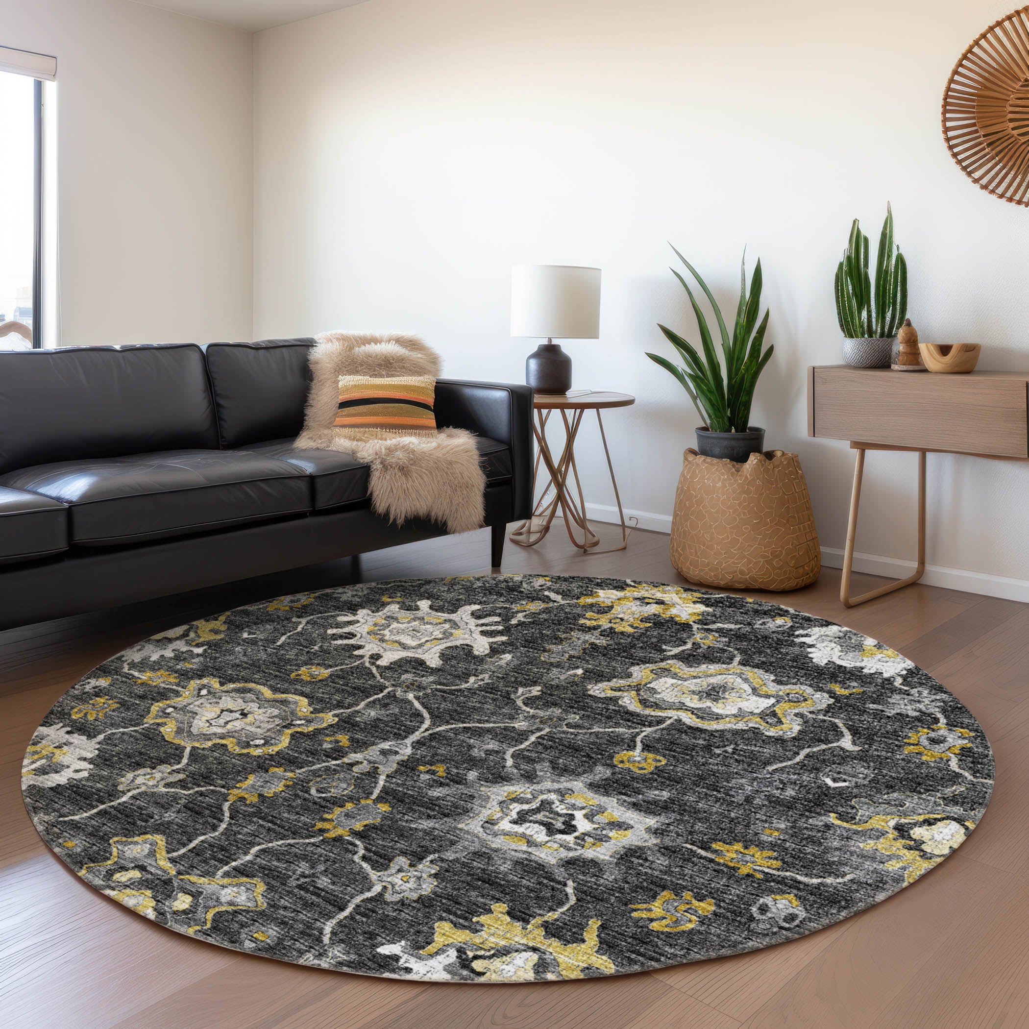 Sarajevo Machine Washable Traditional Shadow Gray Rug 8' x 8' #shape_Round