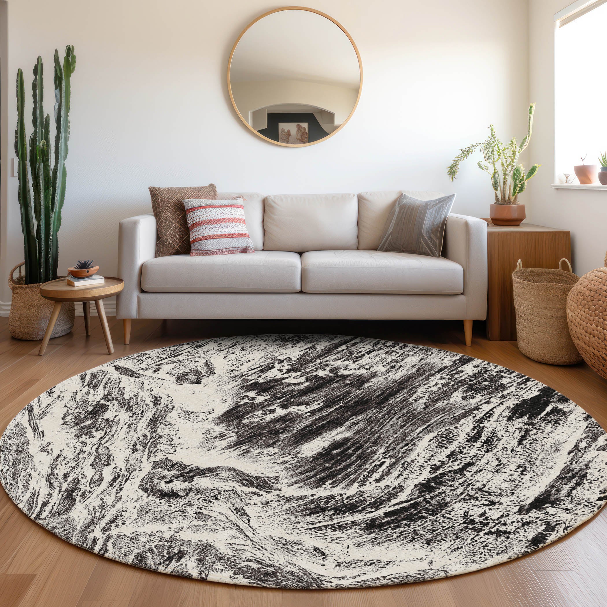 Oaxaca Machine Washable Transitional Black Rug 8' x 8' #shape_Round