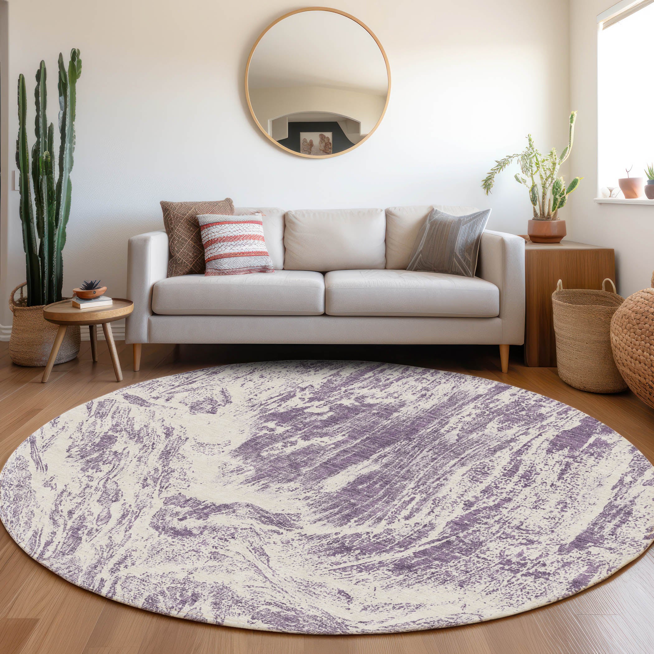 Oaxaca Machine Washable Transitional Purple Rug 8' x 8' #shape_Round