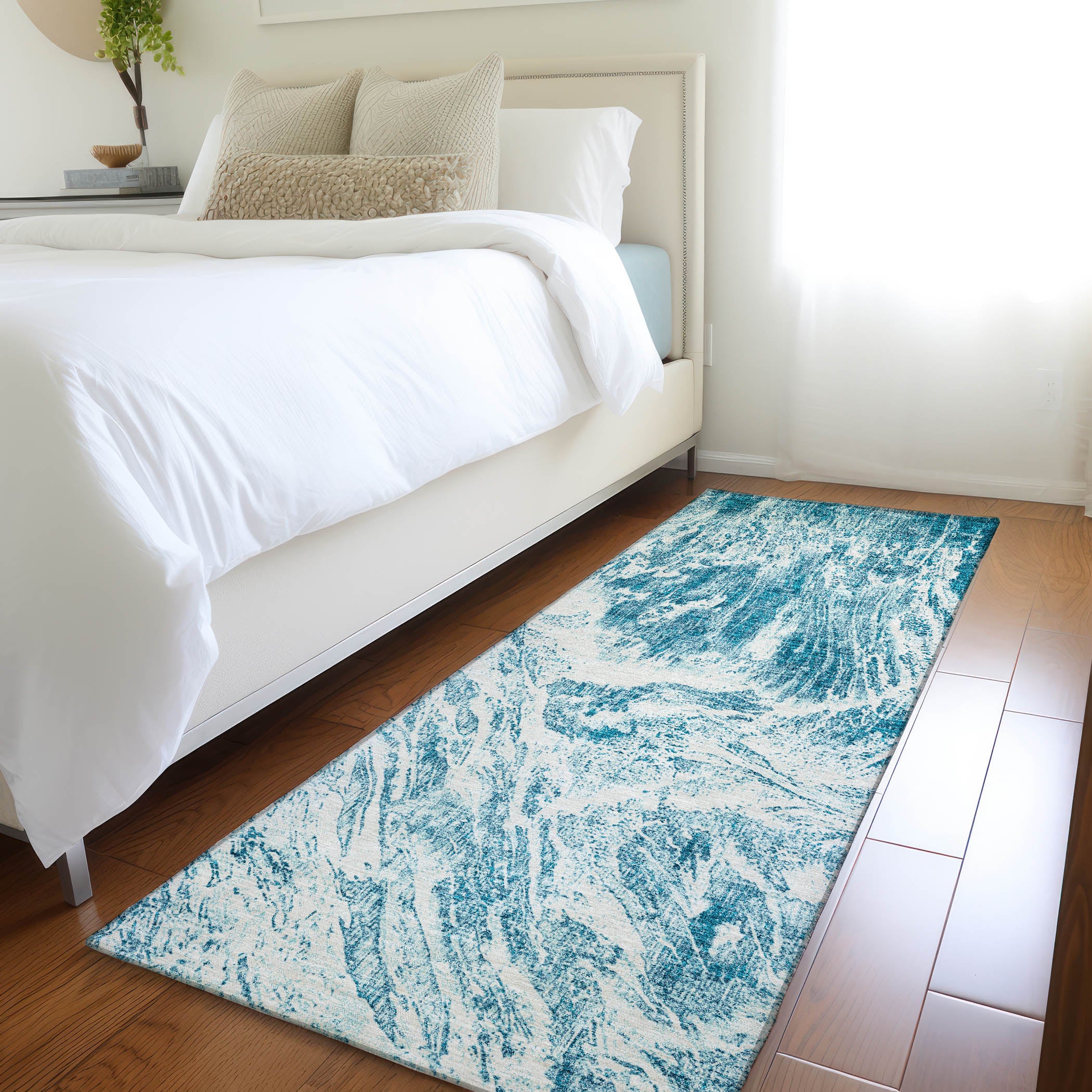 Oaxaca Machine Washable Transitional Teal Rug 2'3" x 7'6" #shape_Runner