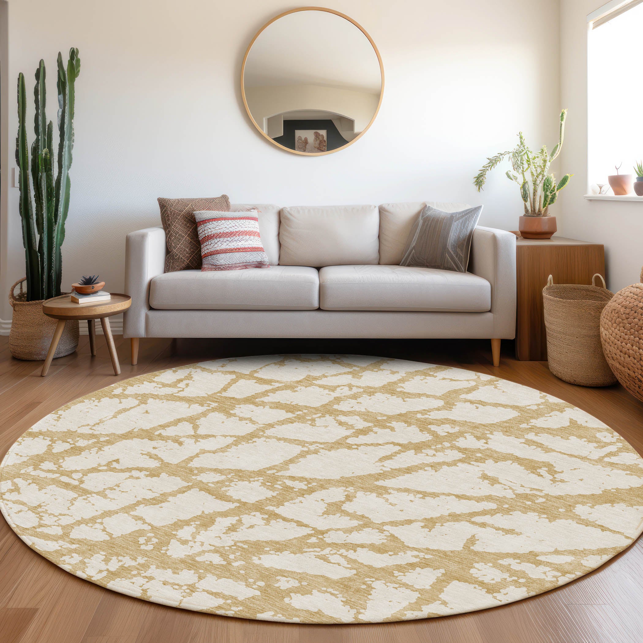 Queenstown Machine Washable Transitional Gold Rug 8' x 8' #shape_Round
