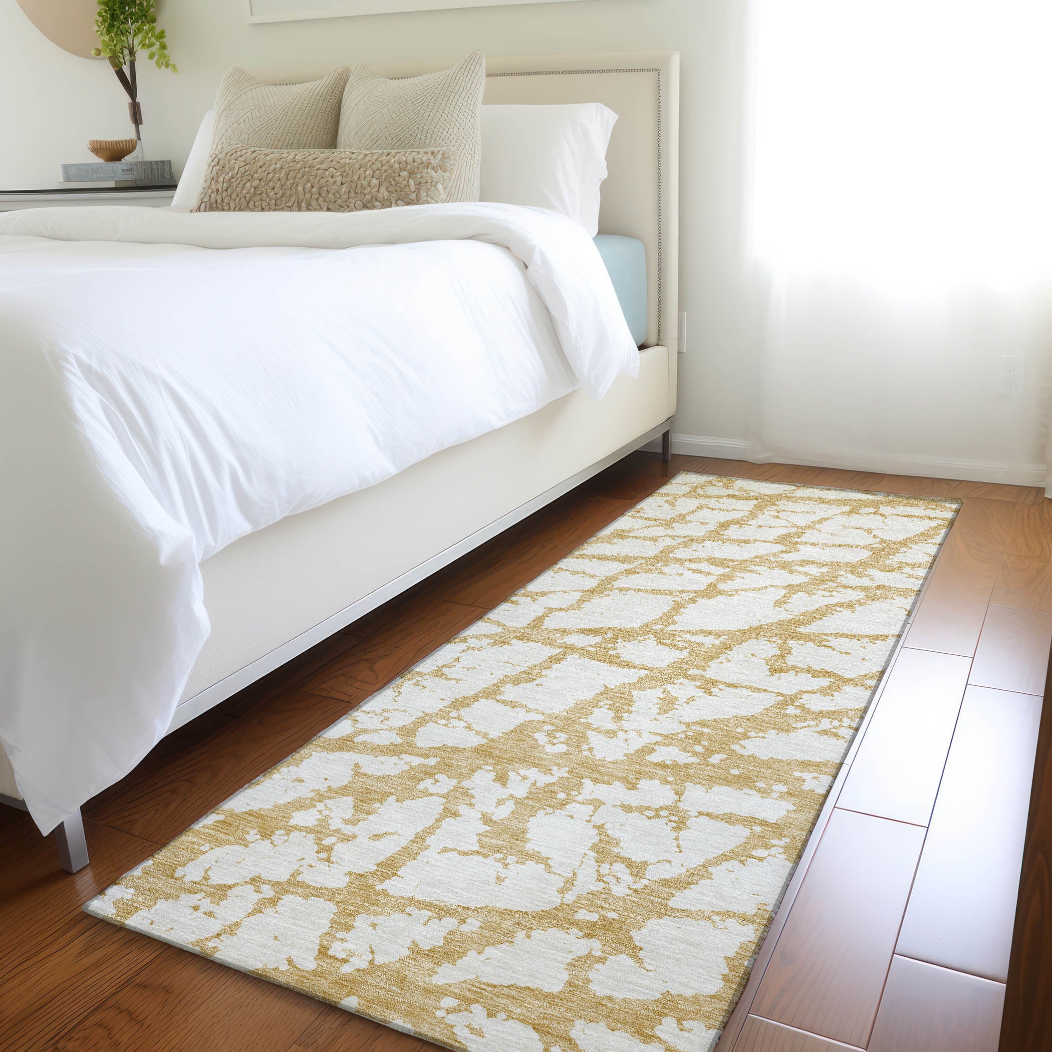 Queenstown Machine Washable Transitional Gold Rug 2'3" x 7'6" #shape_Runner