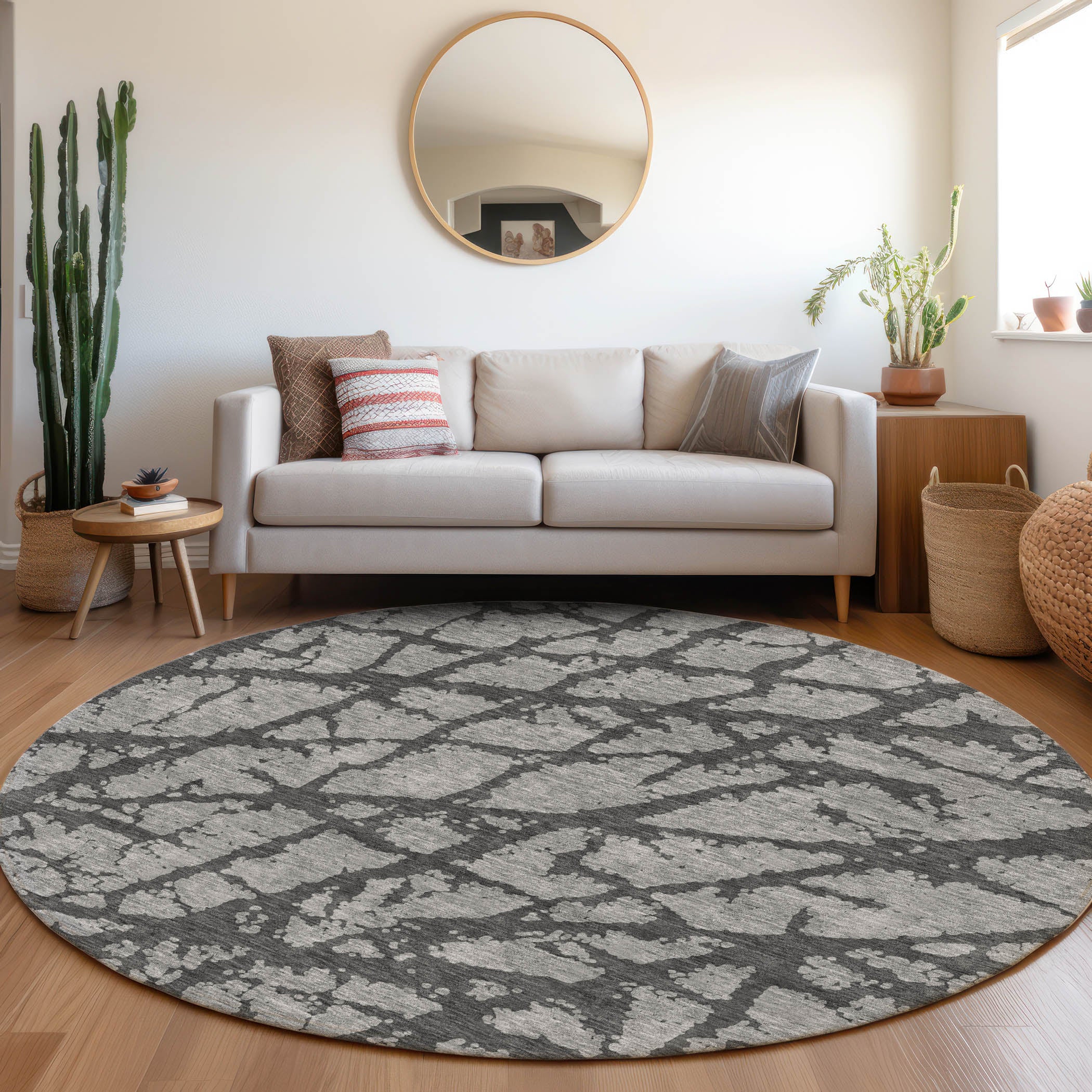 Queenstown Machine Washable Transitional Gray Rug 8' x 8' #shape_Round