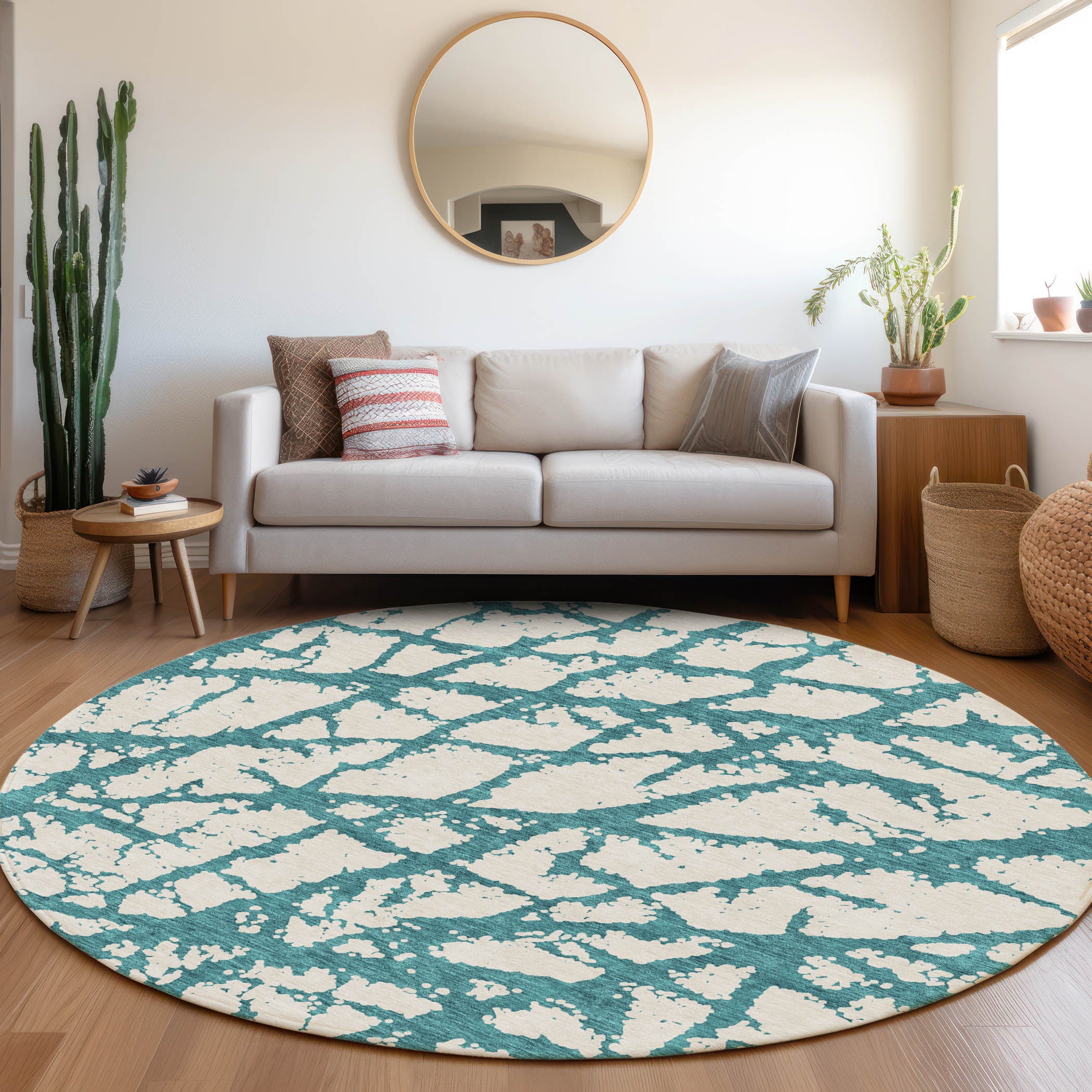 Queenstown Machine Washable Transitional Teal Rug 8' x 8' #shape_Round