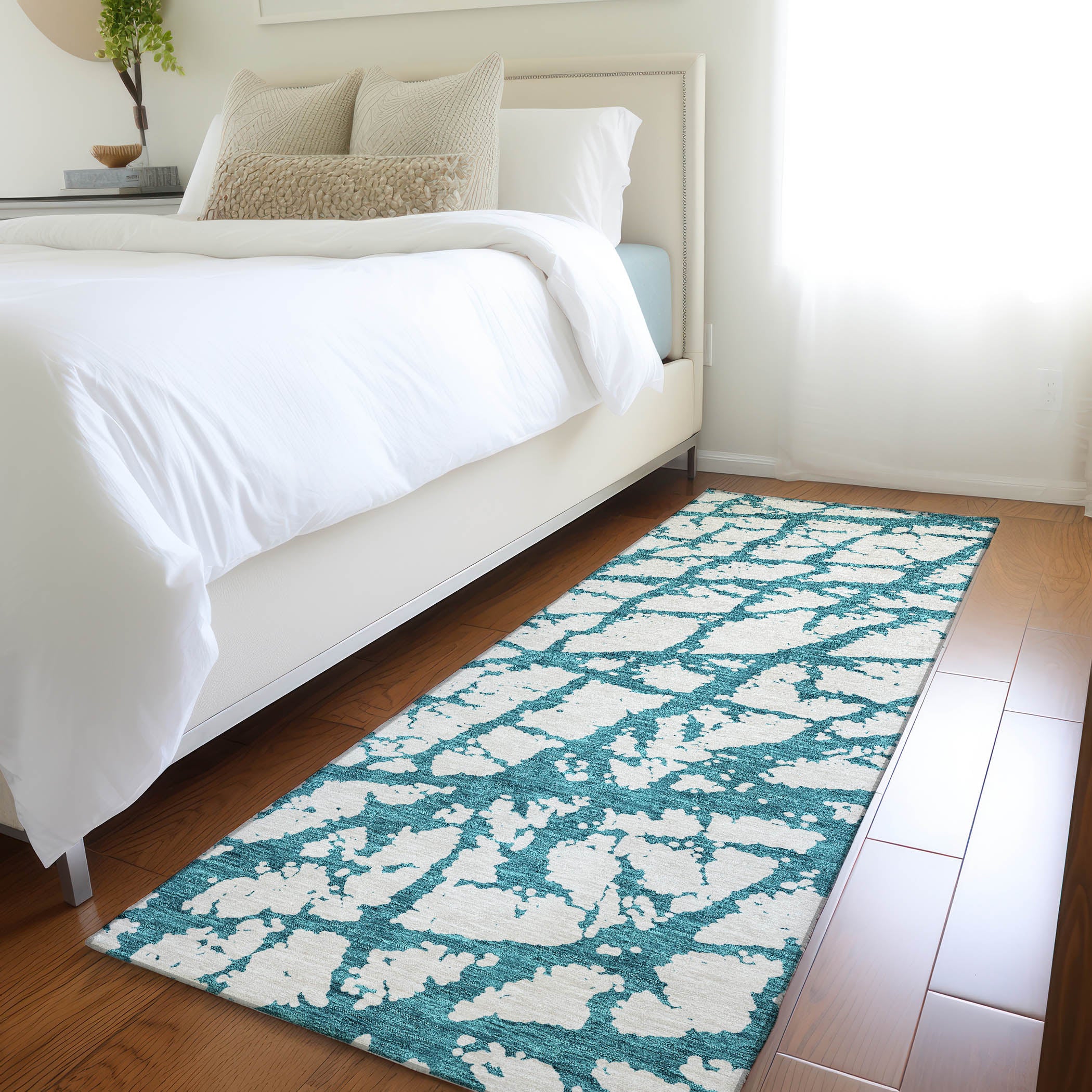 Queenstown Machine Washable Transitional Teal Rug 2'3" x 7'6" #shape_Runner