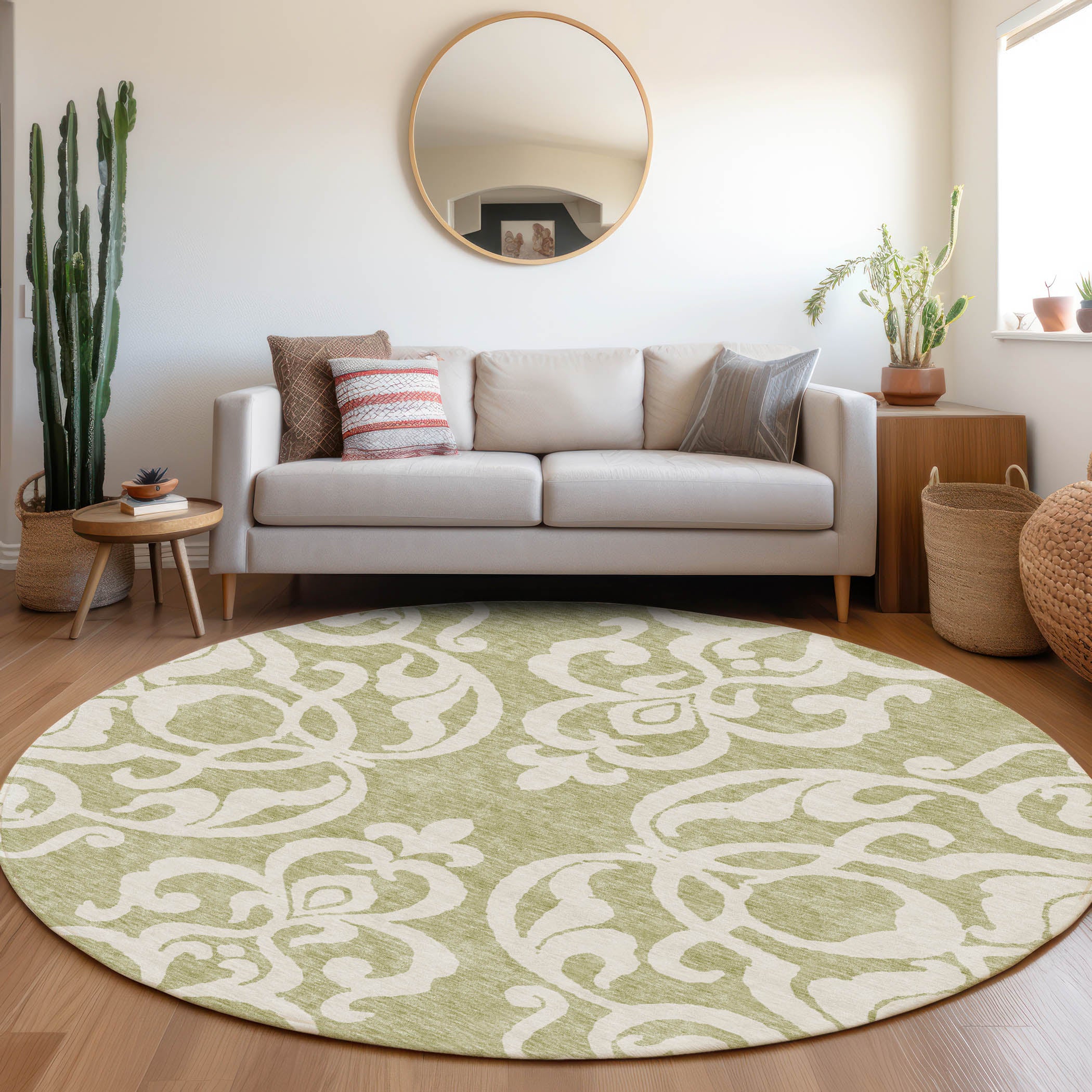Lisbon Machine Washable Transitional Aloe Green Rug 8' x 8' #shape_Round