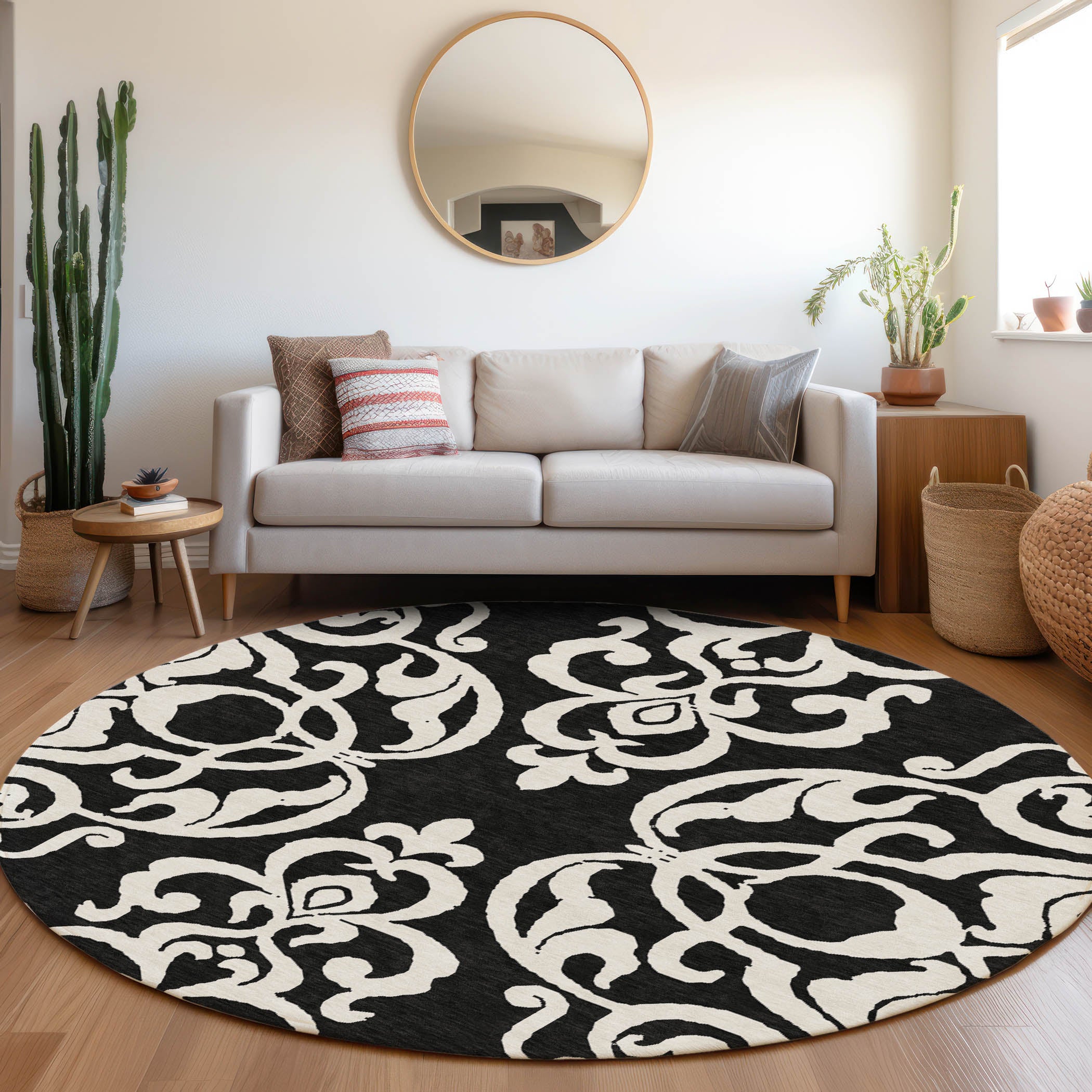 Lisbon Machine Washable Transitional Black Rug 8' x 8' #shape_Round