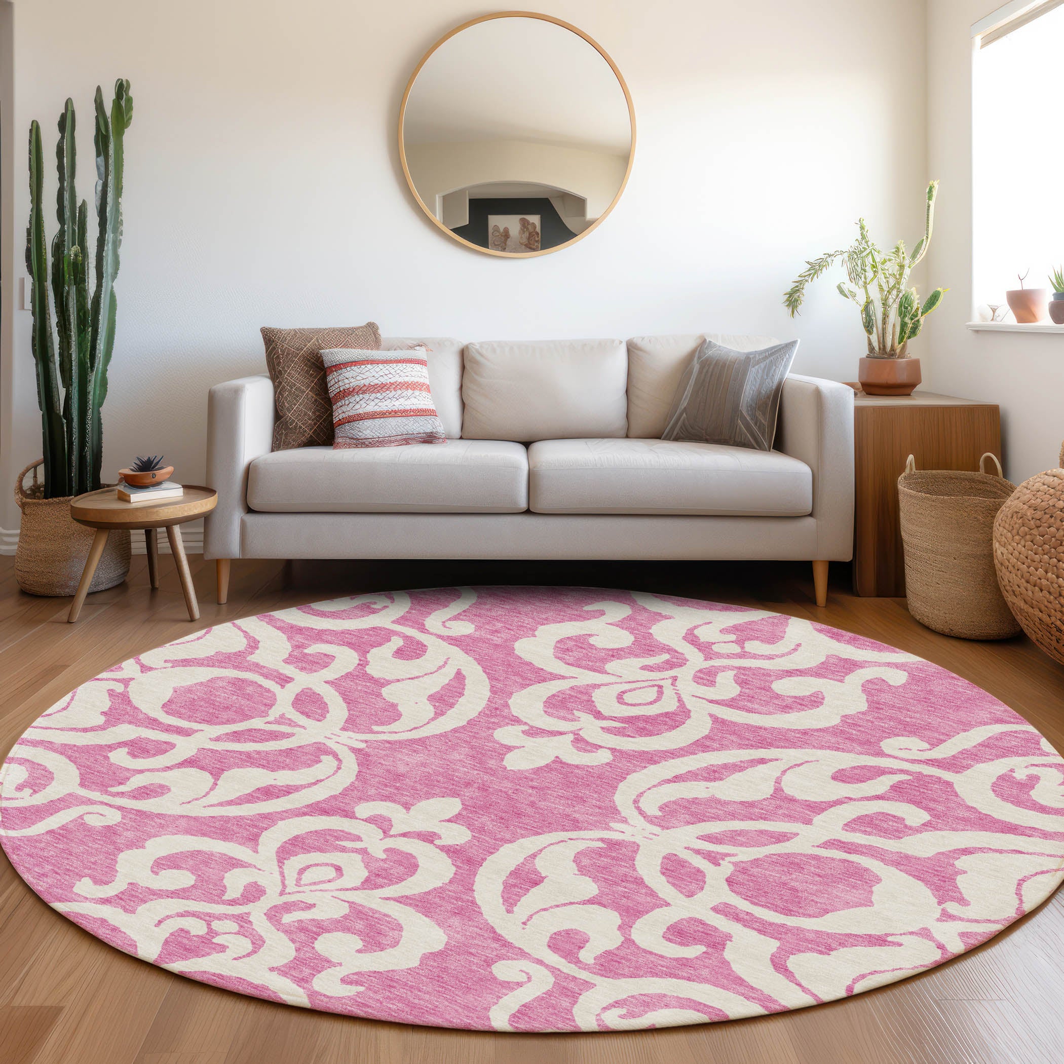 Lisbon Machine Washable Transitional Blush Pink Rug 8' x 8' #shape_Round